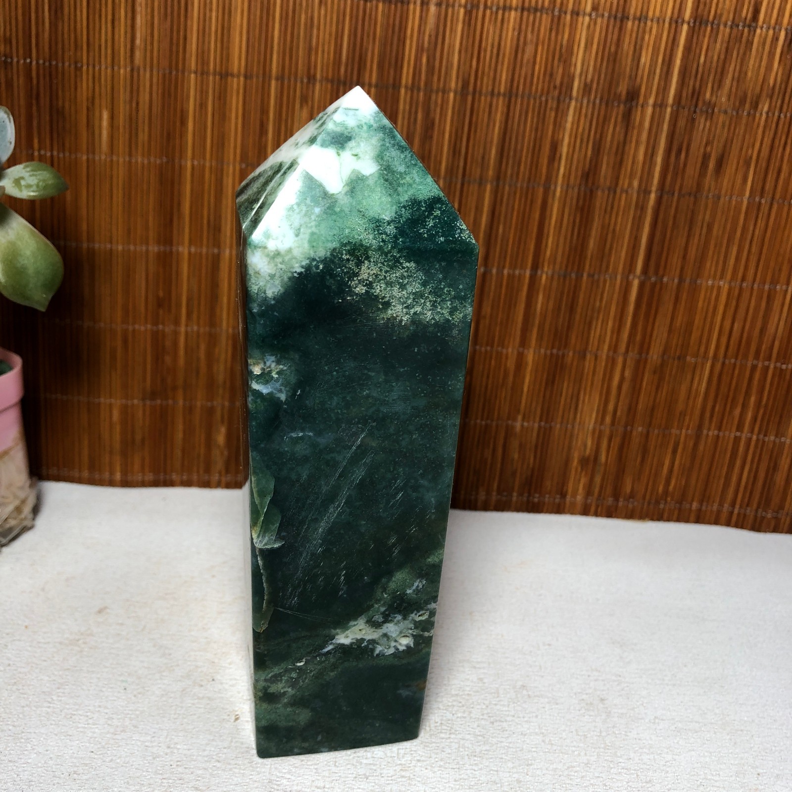 150mm Natural Polish Moss Agate Multiple veins Crystal Wand free standing A2284