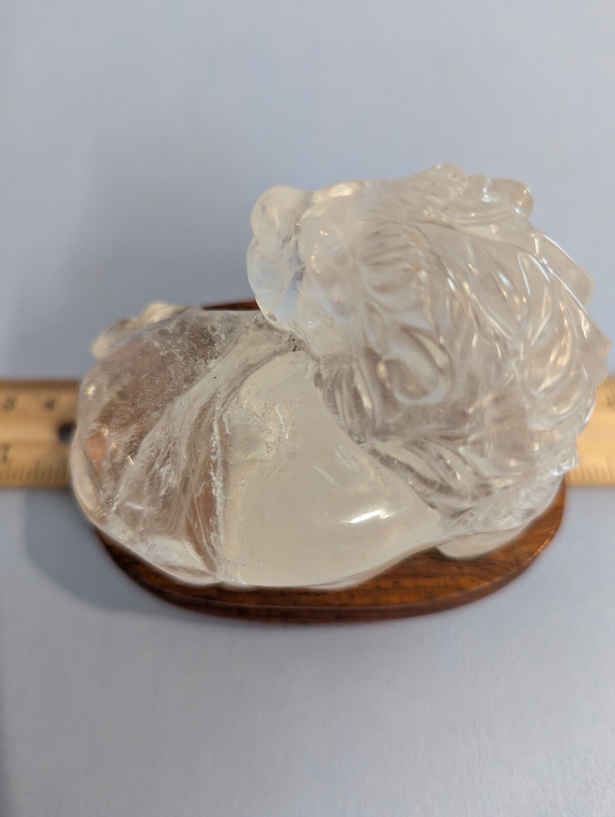 Clear quartz CRYSTAL carved LION with Cherry Wood stand Natural Mineral specimen