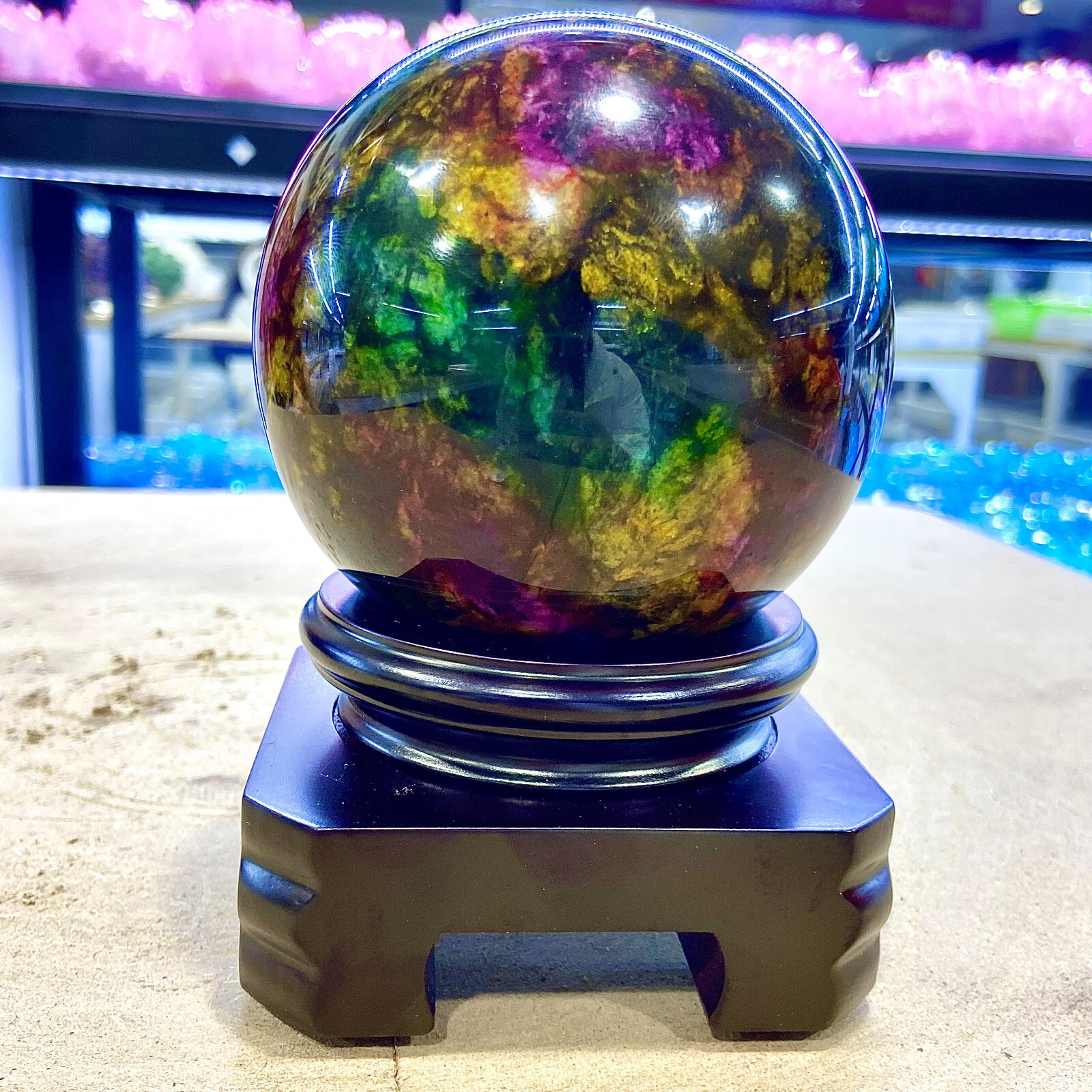 3.35LB Natural “Seven Colors Jade” sphere quartz polished ball decor gift+stand