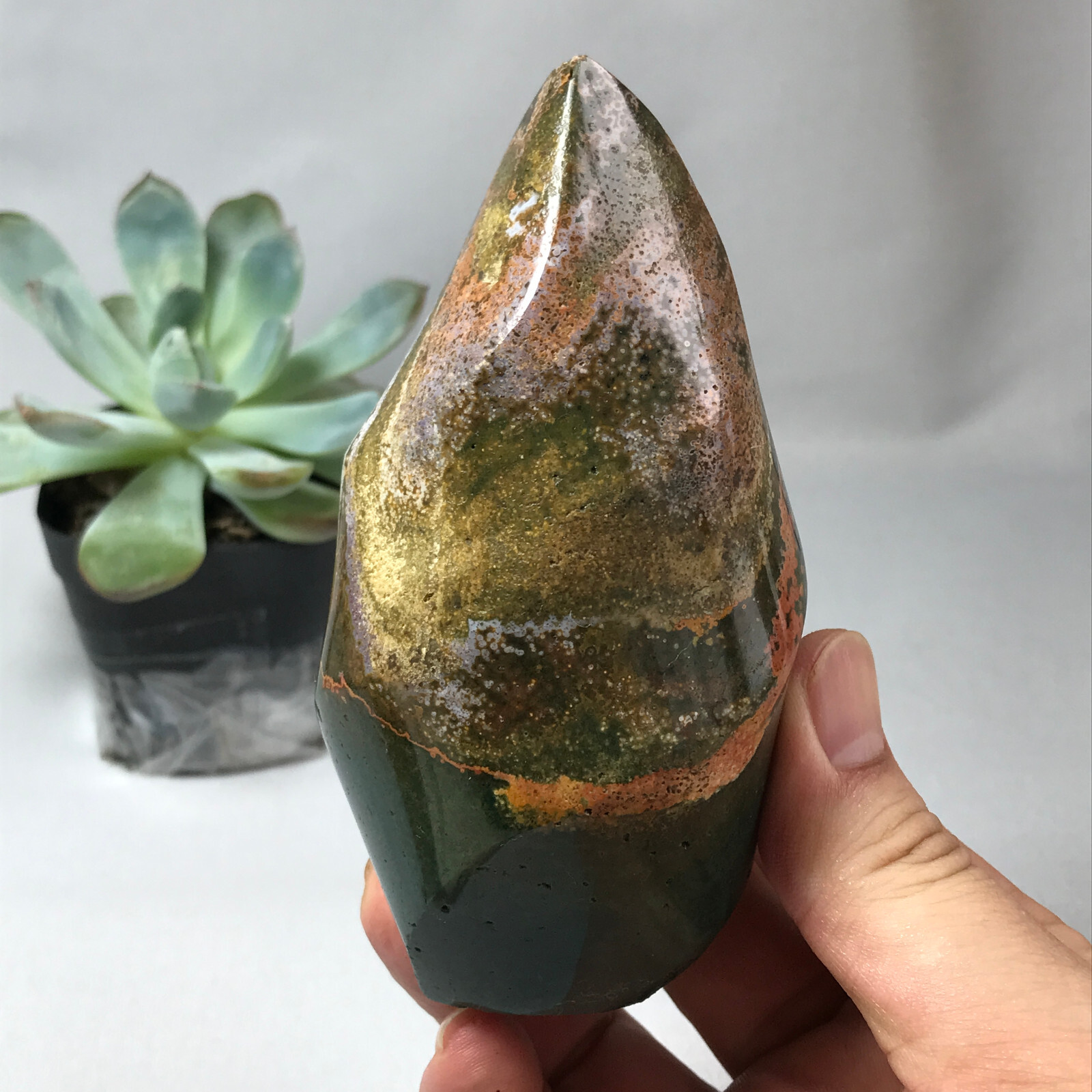 Natural Ocean Jasper torch Hand carve polish Crystal free standing 362g g6632