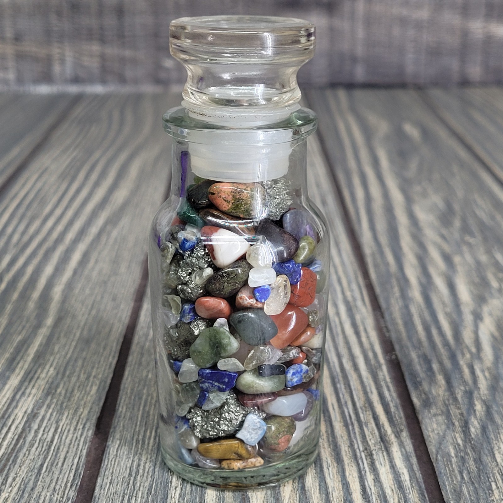 4oz Mixed Crystal Small Tumbles in Vintage Apothecary Glass Spice Jar w/ Stopper