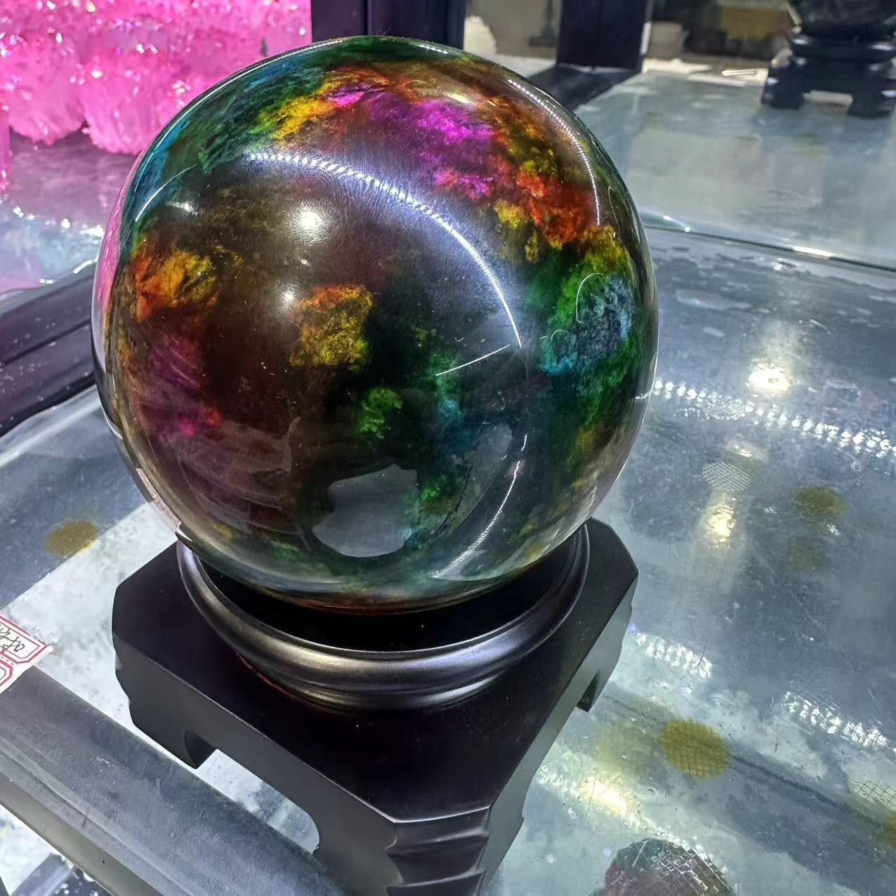 Natural “Seven Colors Jade” sphere quartz polished ball decor gift+stand 3.9LB+