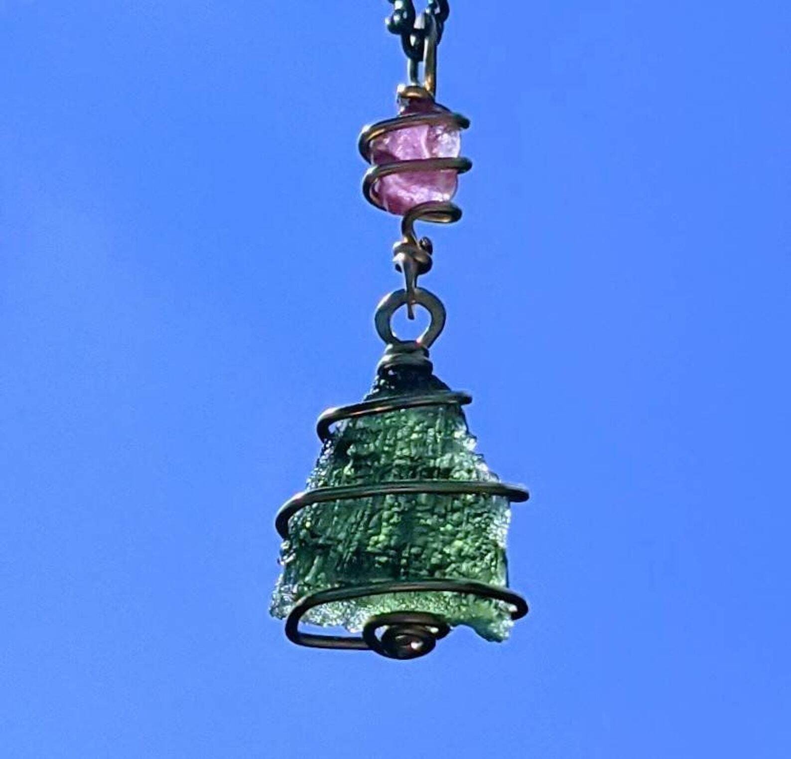 MOLDAVITE NECKLACE Pink Tourmaline 12kt Gold Certified Genuine Moldavite Pendant