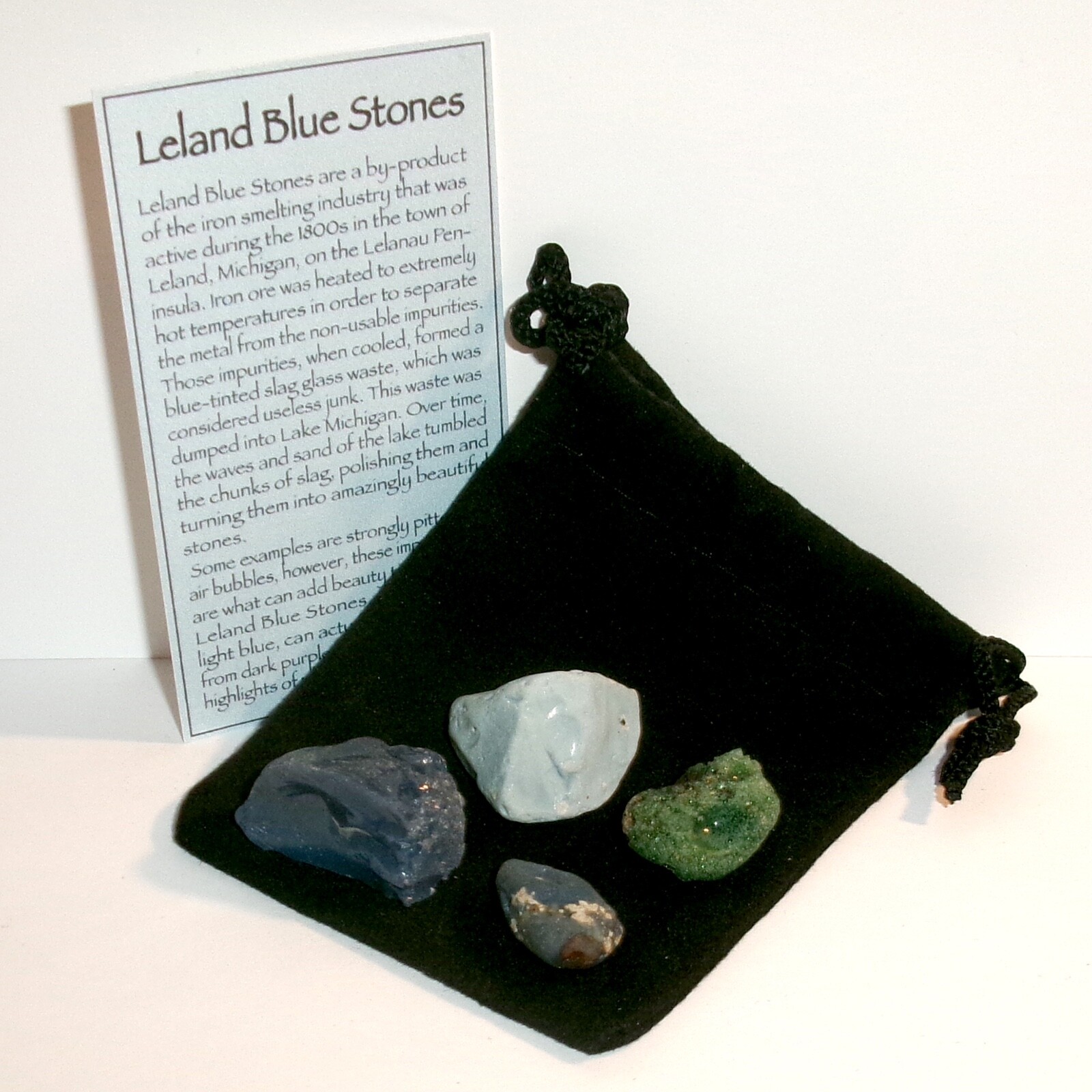 Leland Blue Stones and Black Velvet Bag Michigan Iron Ore Slag Glass Gems