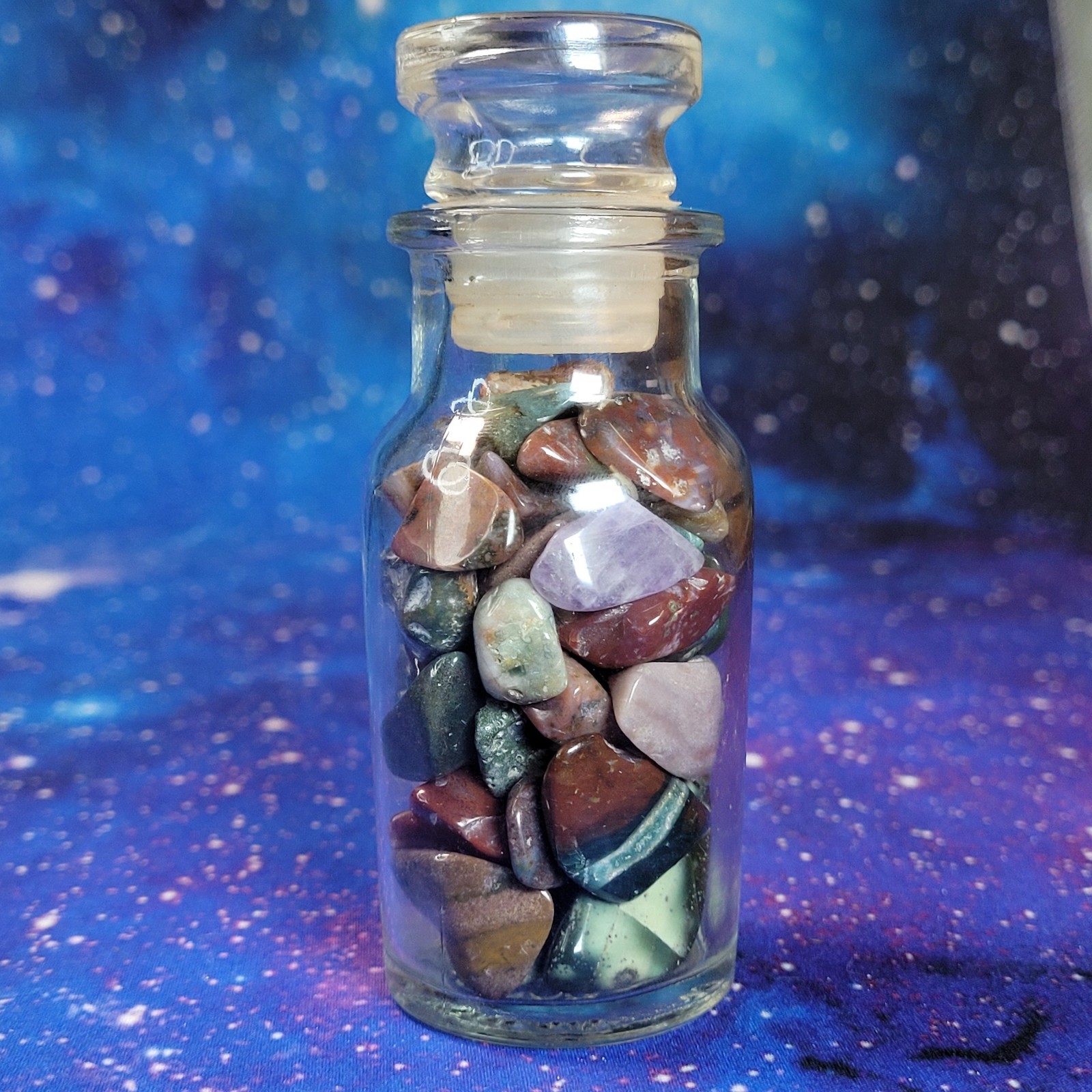 Ocean Jasper Natural Stone Tumbles in Vintage 4 oz Apothecary Glass Jar *Video*