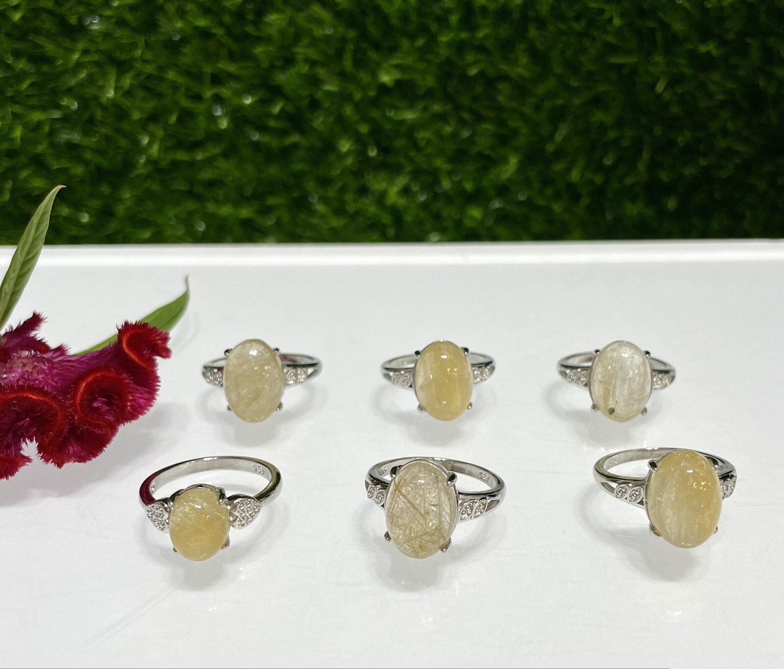 Wholesale Lot 6 Pcs Natural Gold Rutilated Quartz White Bronze Rings Crystal