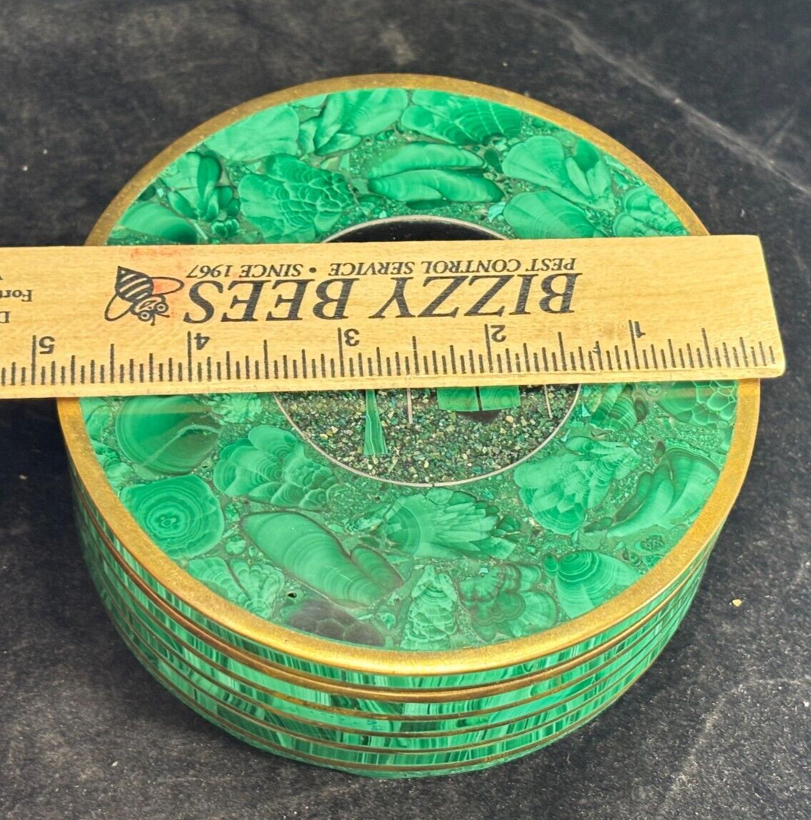 Vintage Green Malachite & Brass Round Box from Congo – Pietra Dura Scene on Top