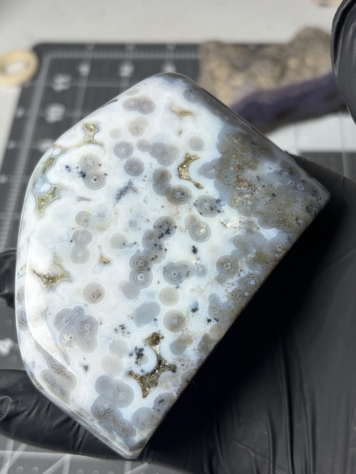 Beautiful Ocean Jasper Standing Free Form Orbs Bluish Colors