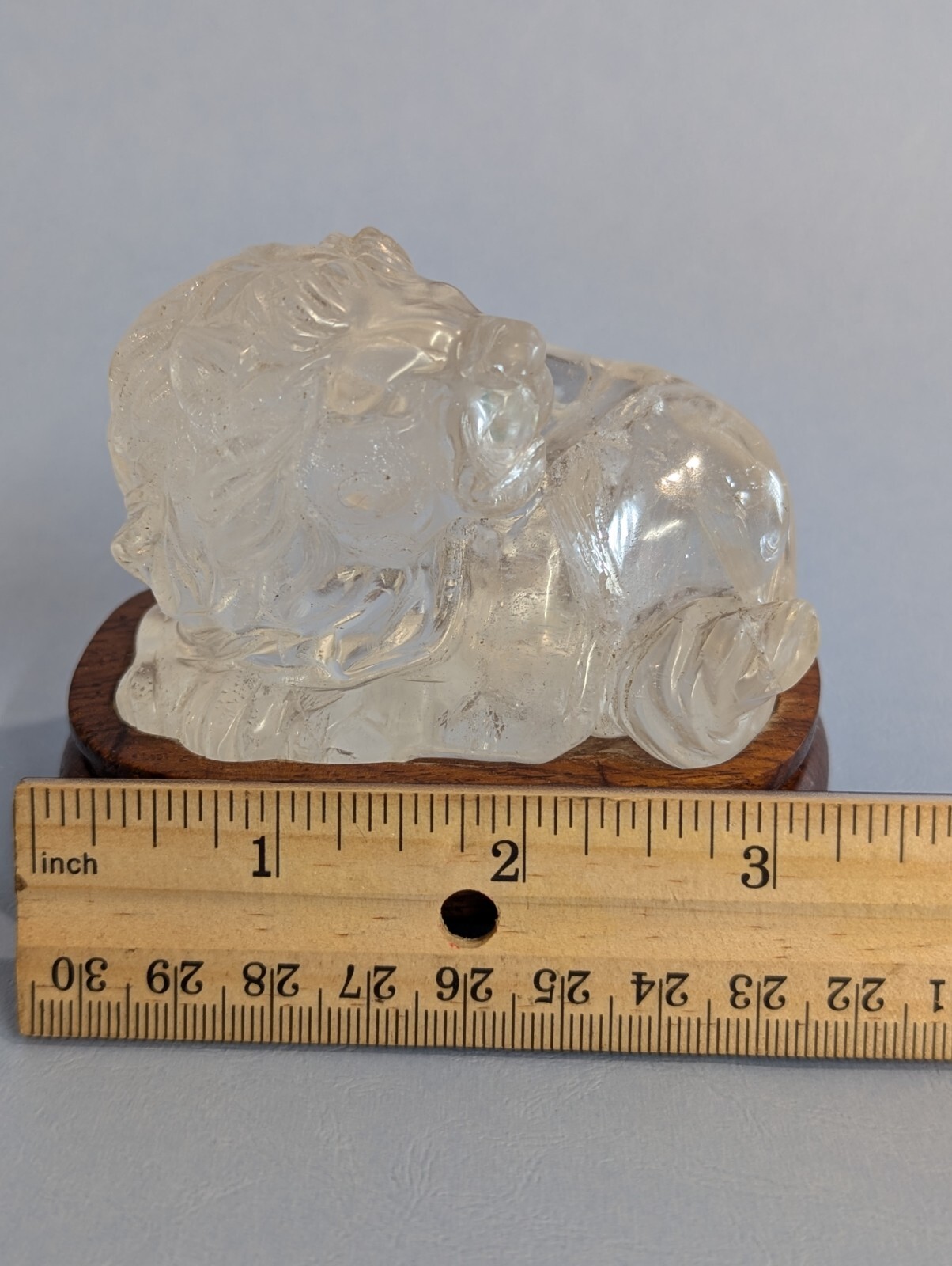 Clear quartz CRYSTAL carved LION with Cherry Wood stand Natural Mineral specimen