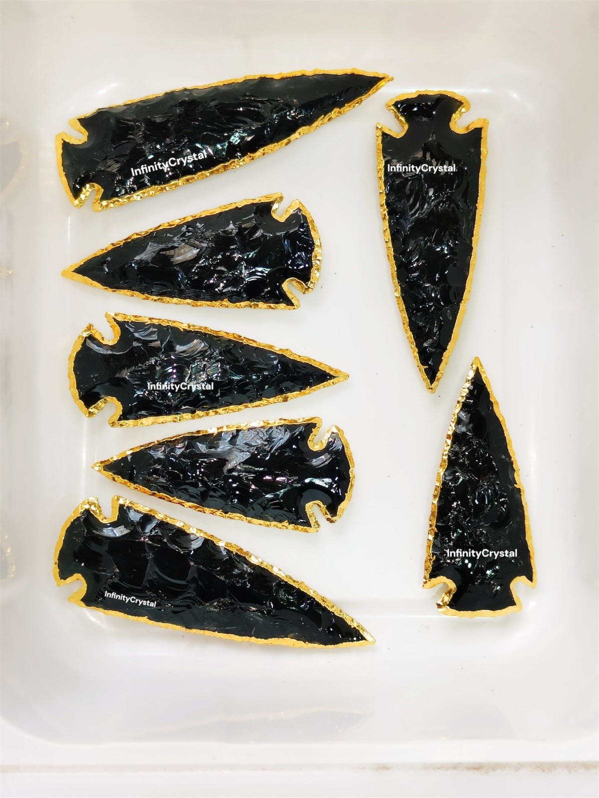 Black Obsidian Arrowheads 5 Pieces Set Gold Electroplated 3-4” Healing Crystals