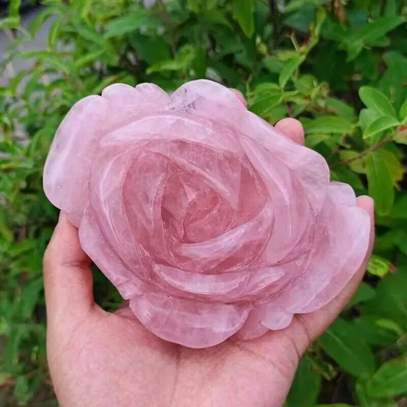 1PC Natural Pink Rose Quartz Carved Crystal Flower Skull Reiki Healing Decor