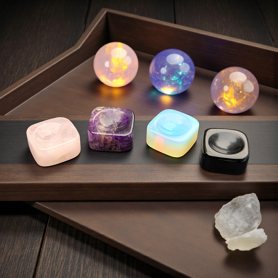 Cube Sphere Stands – Rose Quartz, Obsidian, Opalite, Amethyst, Selenite & Glass