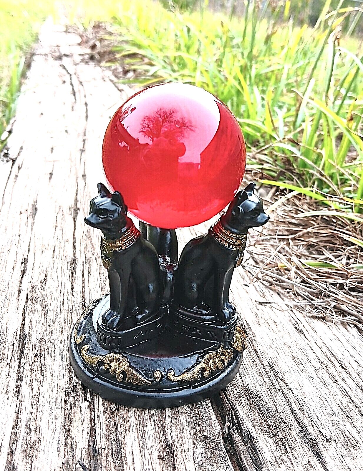 K9 50mm Crystal Ball & Egyptian Bastet Cat Resin Stand – 8 Colors