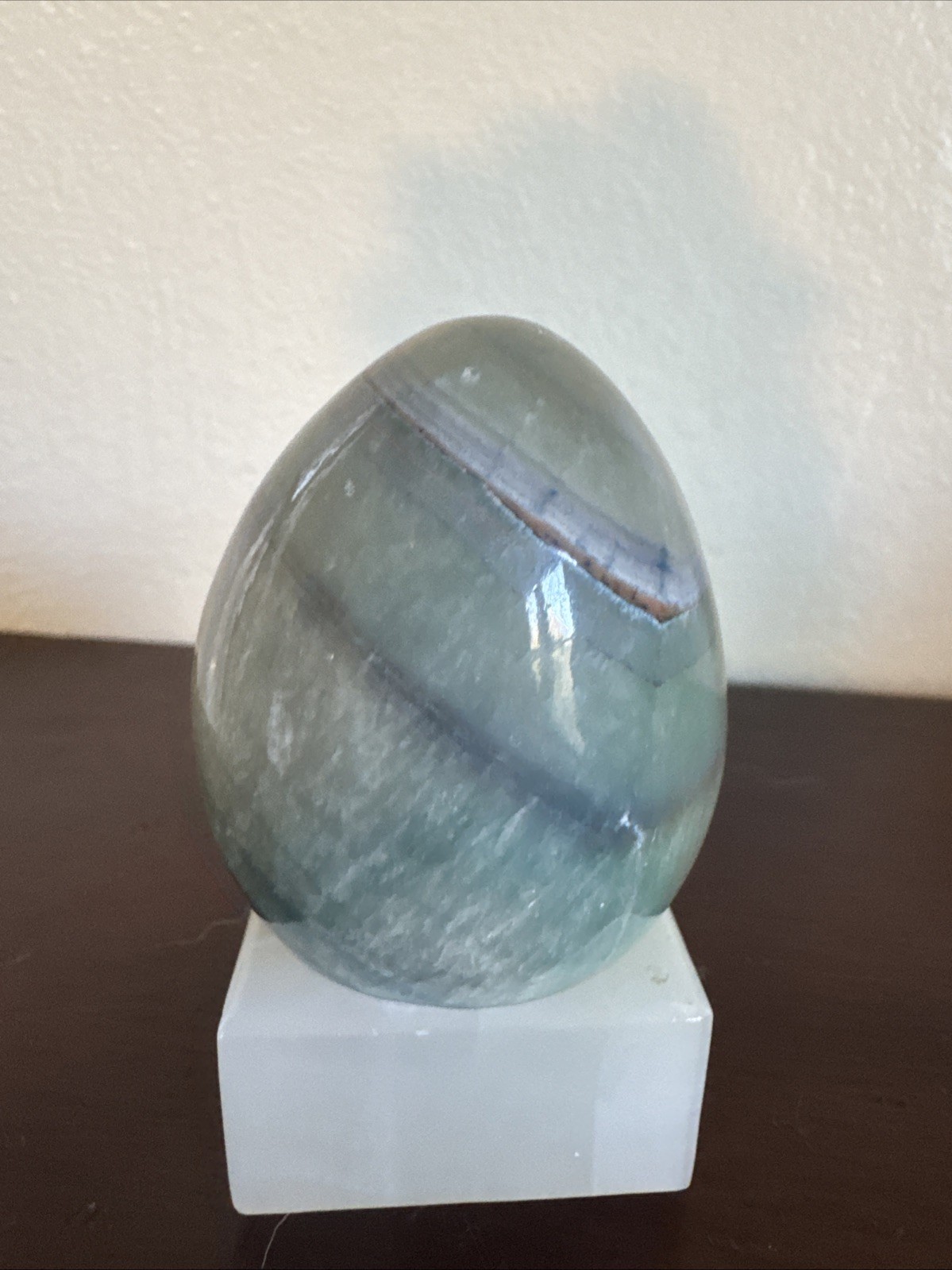 Polished Green Onyx Stone Egg Banded Calcite Decorative Display 3” w Stand