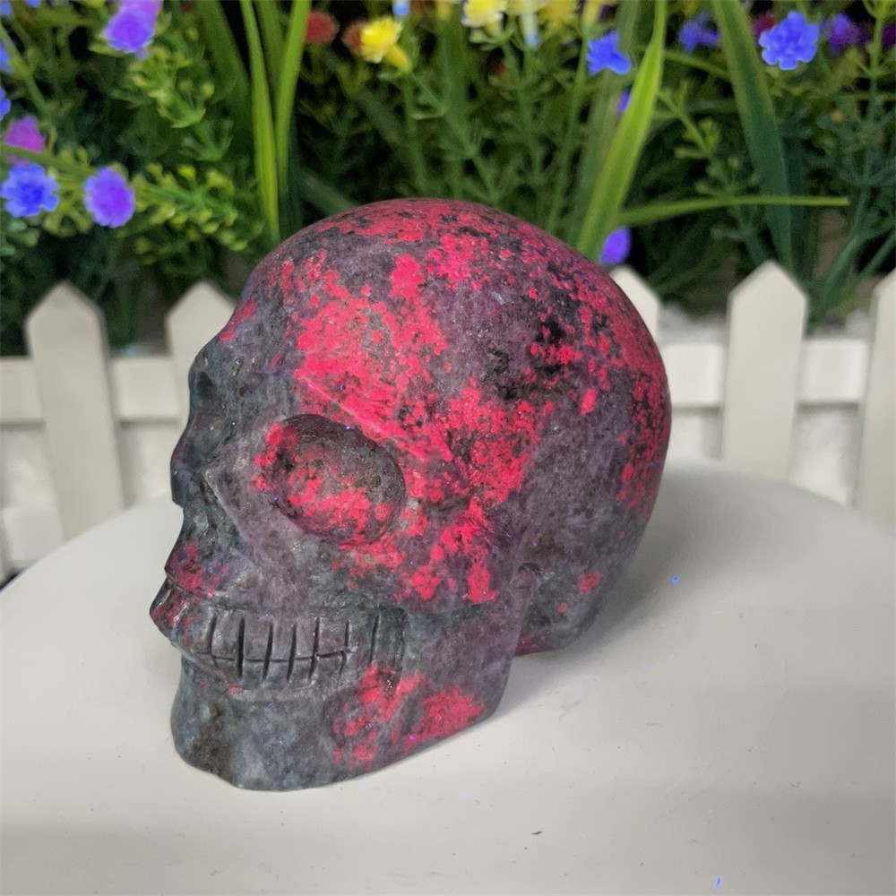 1.3LB 3.1″ Natural Ruby In Fuchsite Skull Carving Crystal UVHealing Carved Decor