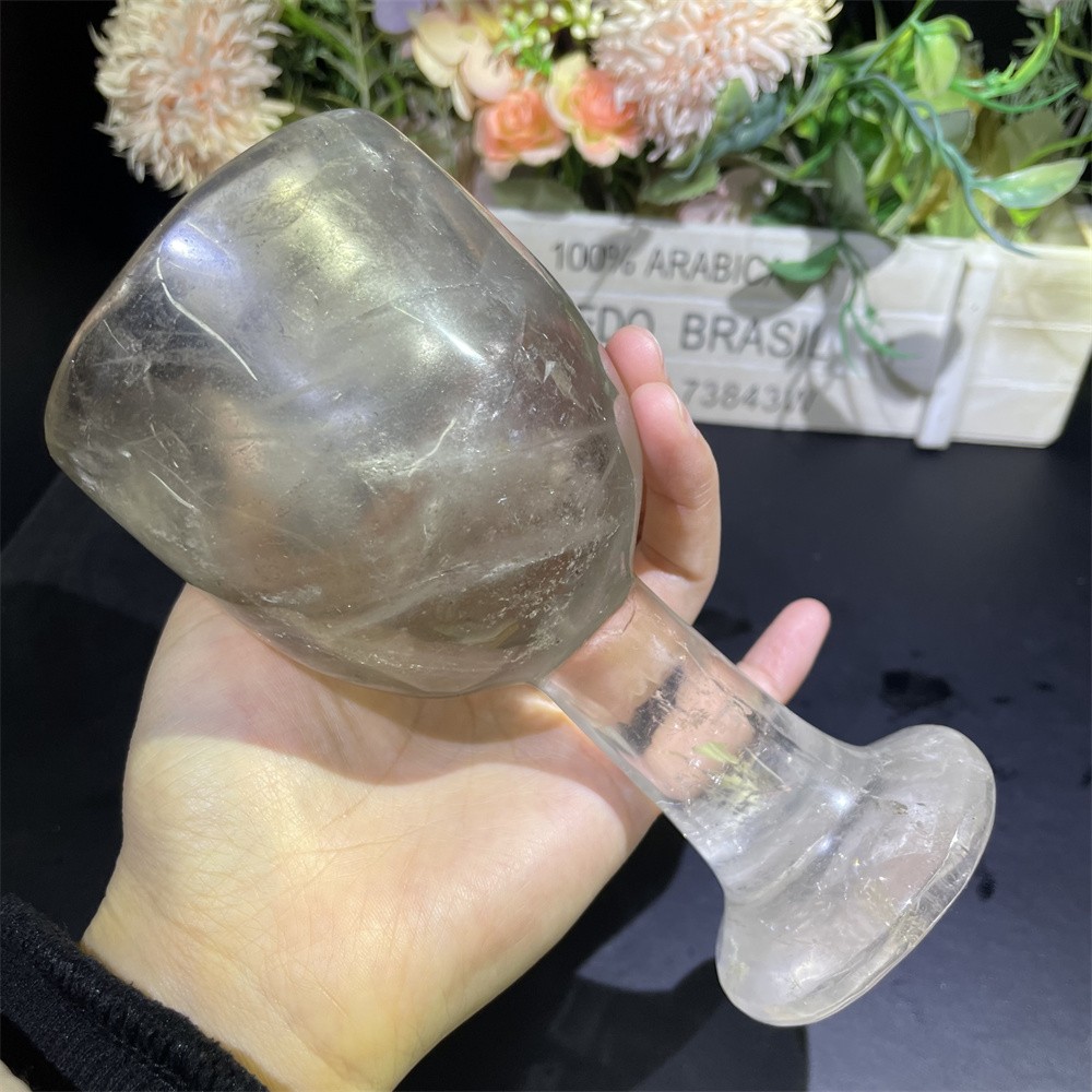 1.4LB 5.9″Natural Smoky Quartz Wine Glass Crystal Reiki Heal Carving Gift Decor