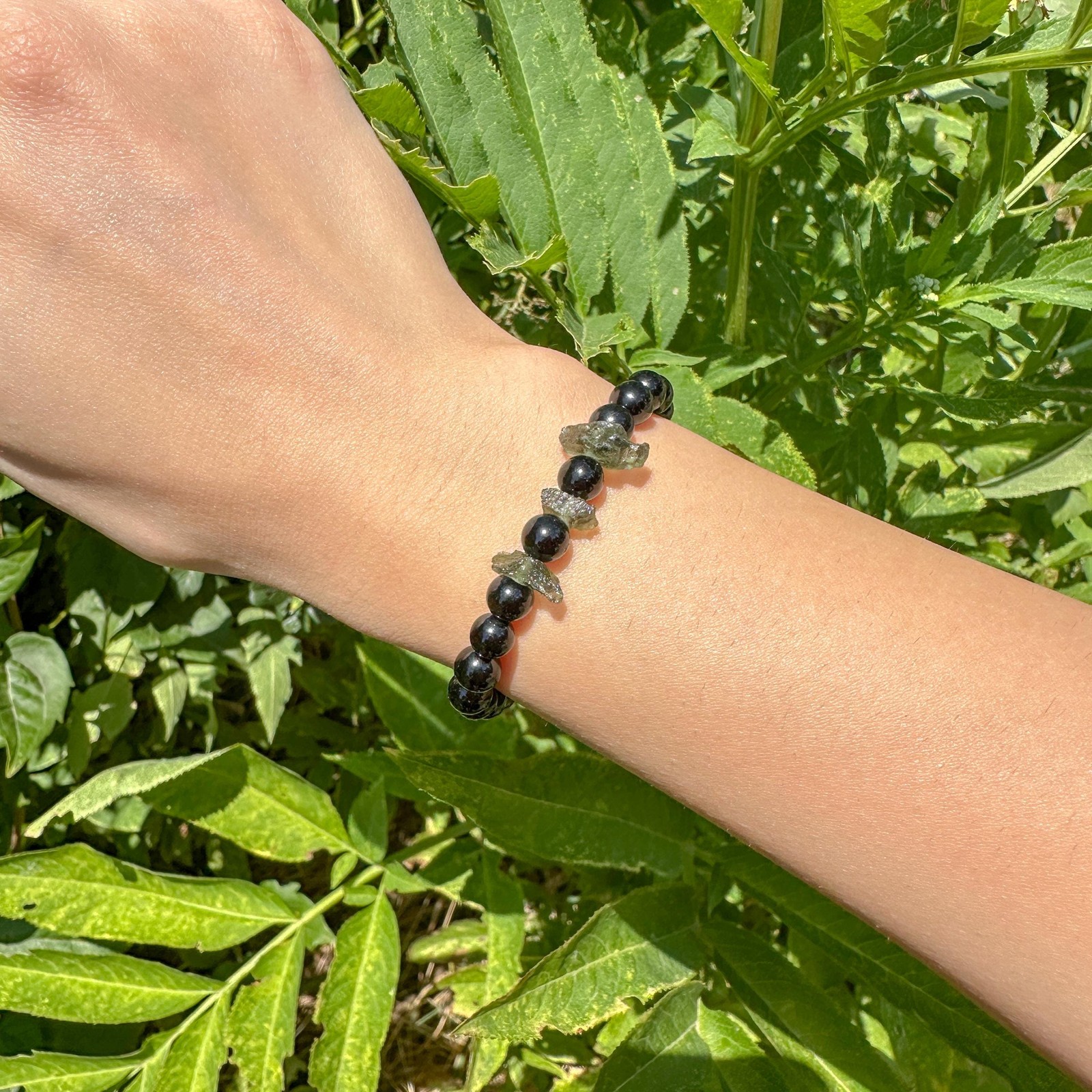 Black Tourmaline + Moldavite Bracelet / Raw Natural Green Czech Republic Tektite