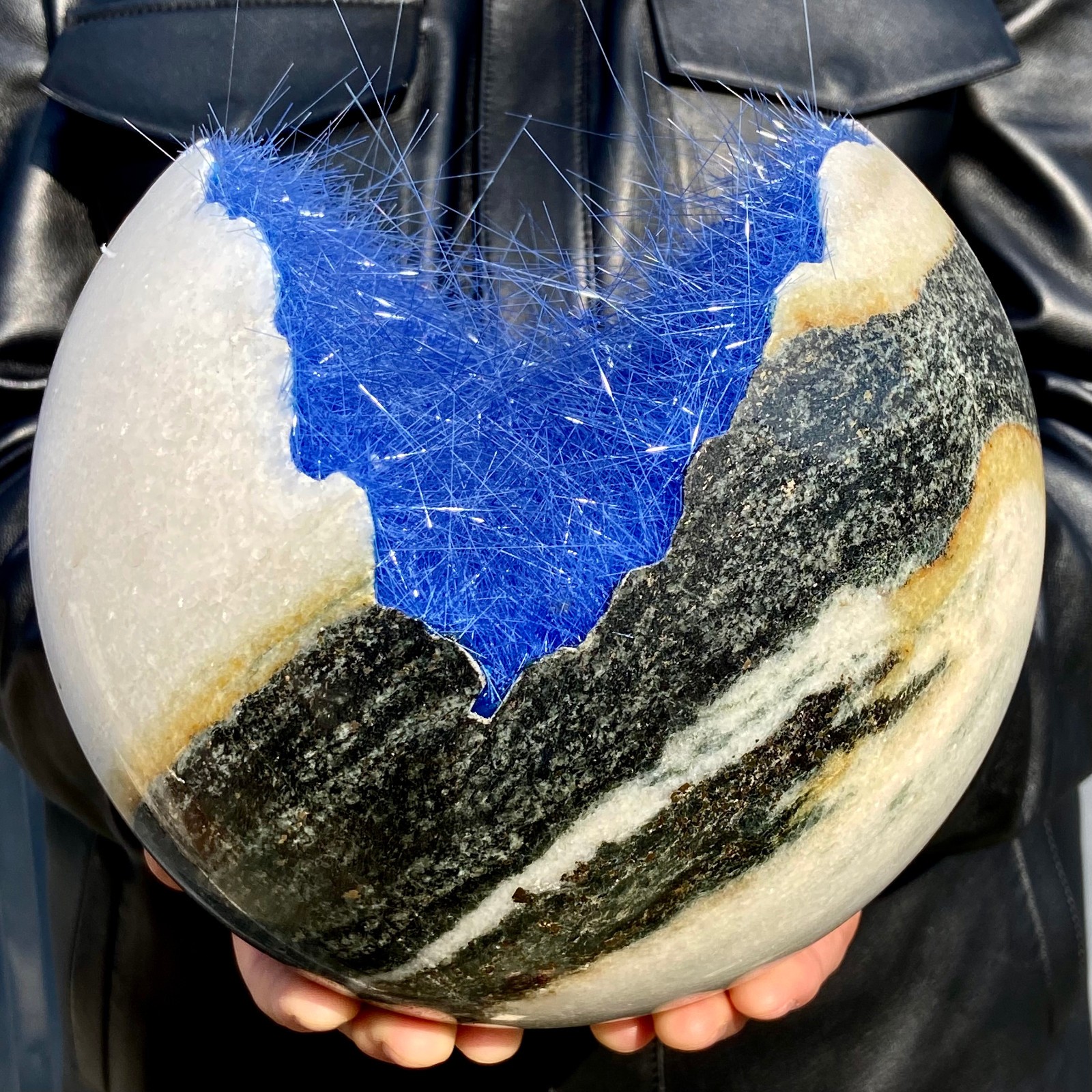 15LB Rare blue iron ore phosphate magnesium ore smiling crystal ball for healing
