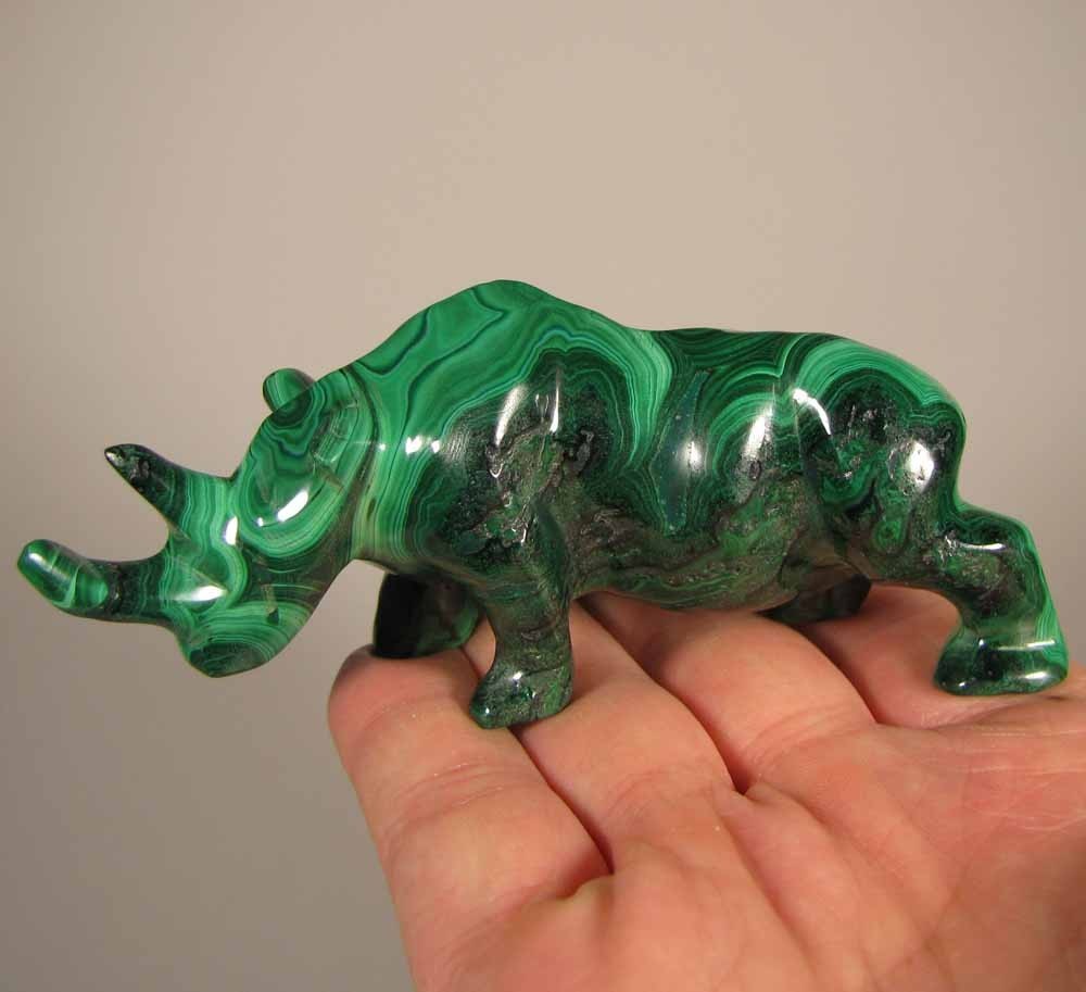 4.3″ Handcarved MALACHITE RHINOCEROS Gemstone Animal Carving – Congo, Africa