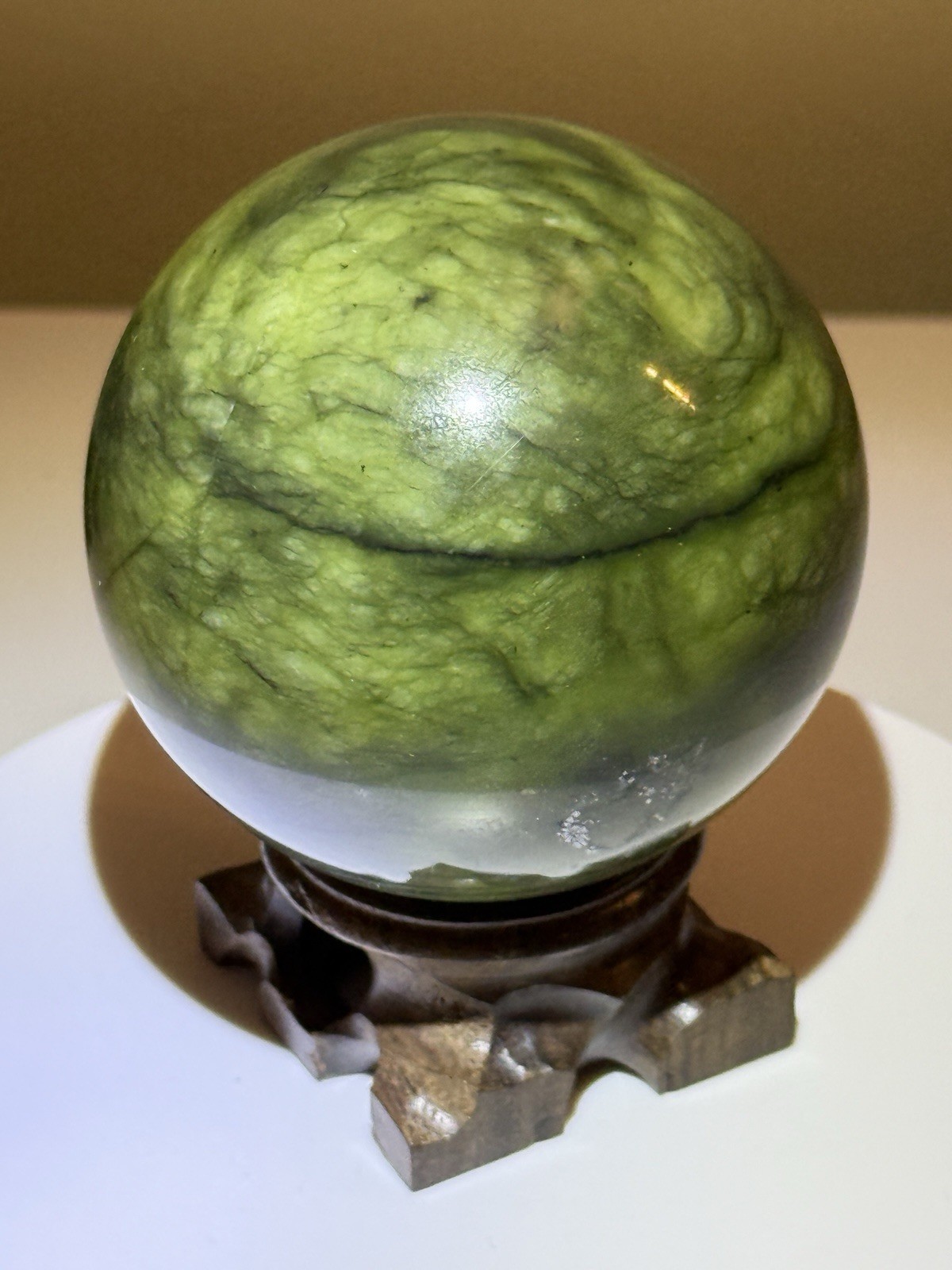 STUNNING Polished Nephrite Jade Sphere w/ Wooden Stand