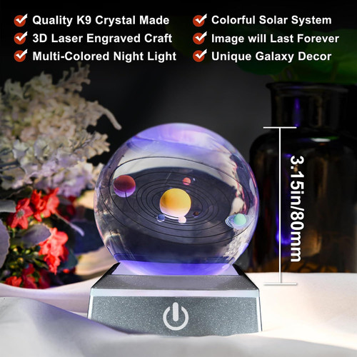 QIANCHANG 3D Solar System Crystal Ball with LED 3.15″, Multicolor_Round base