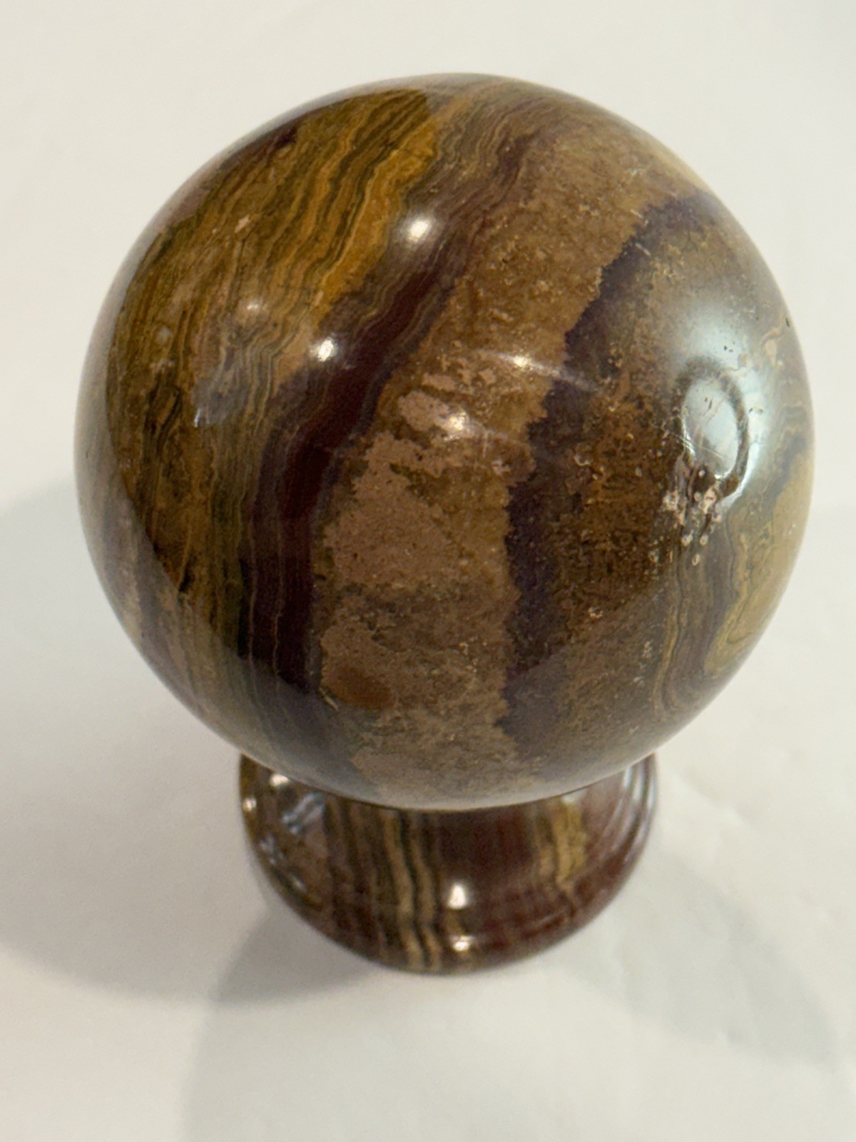 Collector-Grade Banded 🤎 Brown Onyx Sphere on Pedestal • 631g Natural Stone