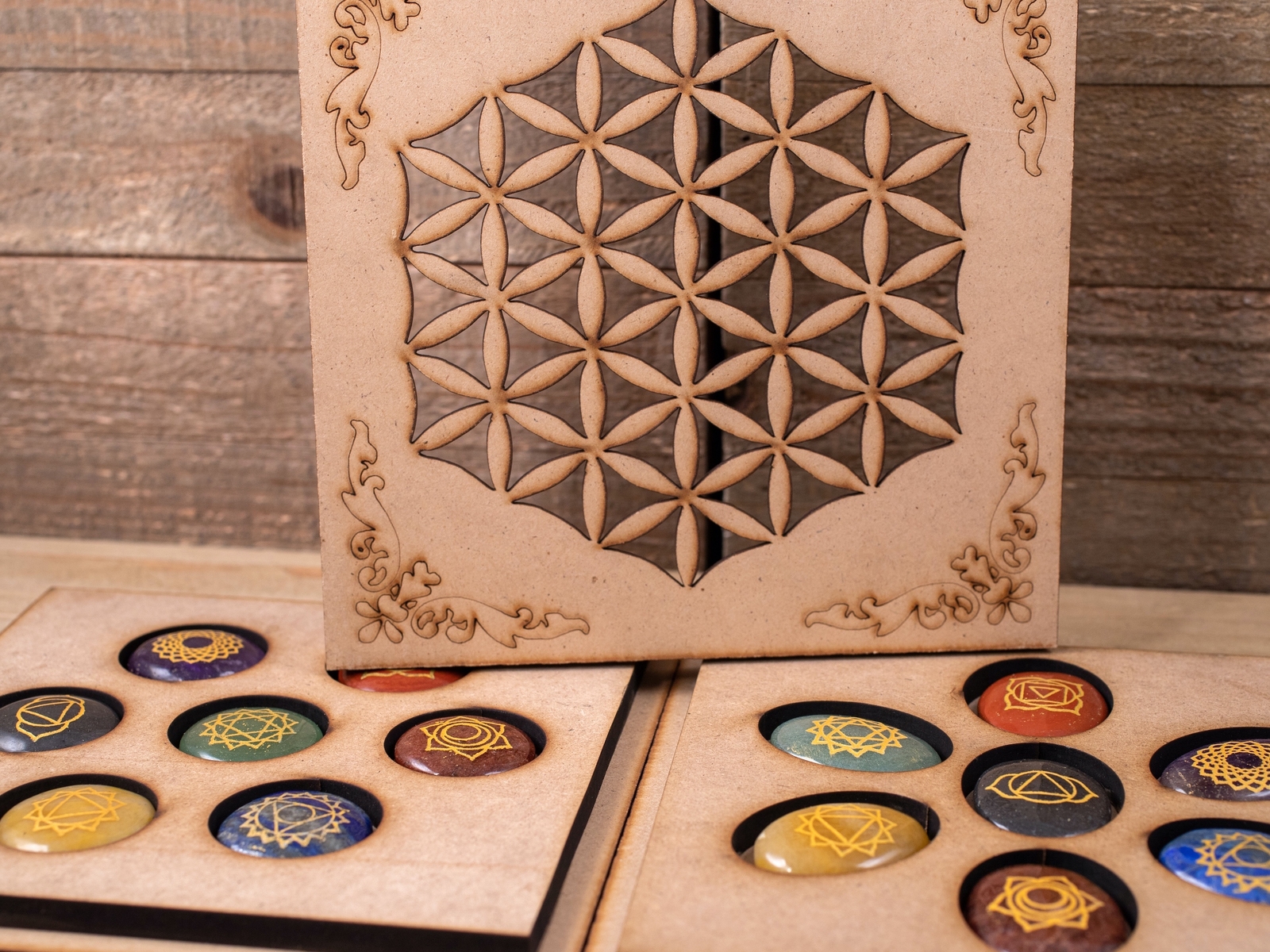 CHAKRA Crystals Grid Board Wooden Box – Flower of Life – Self Care Kit, E1756