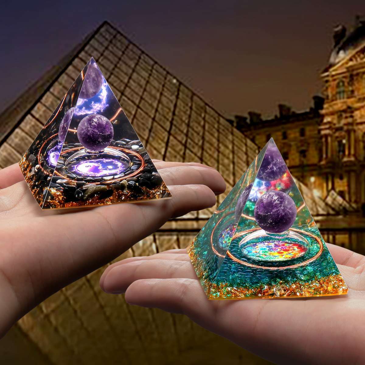 Orgonite Pyramid Amethyst Peridot Healing Crystal Energy Orgone EMF Protection