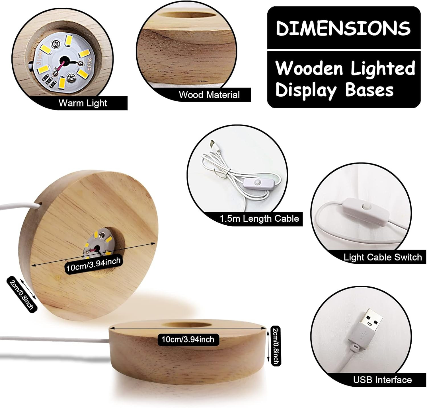 Wooden LED Display Bases for 3D Crystal Art – 2 Pack, 3.94 Inch