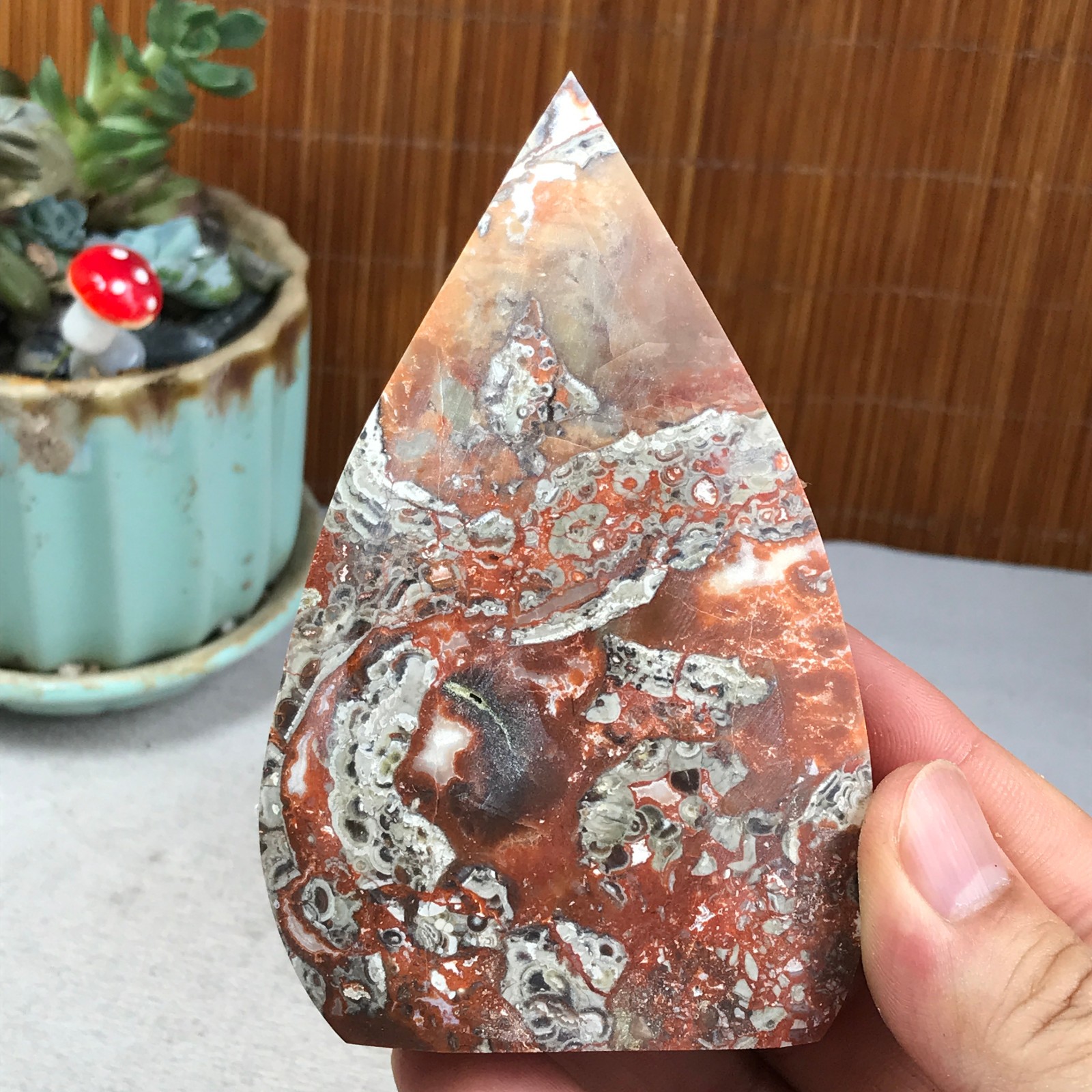 Natural money Mexico agate hand carve leaf Crystal Specimen free standing A6270