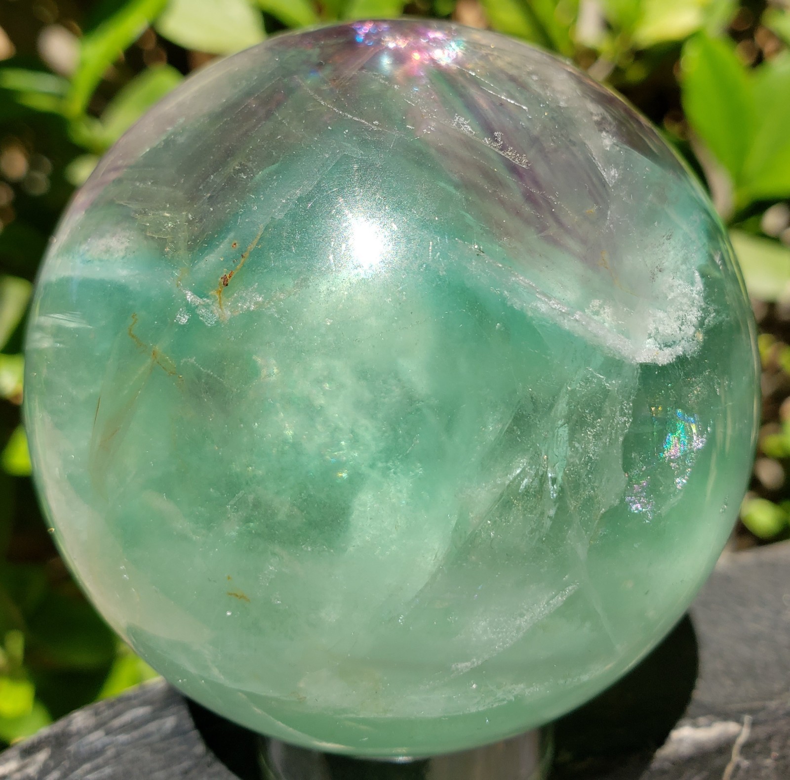 2.6″ Green and Purple Fluorite Quartz Crystal Sphere Ball Orb Rainbow UV, 488g