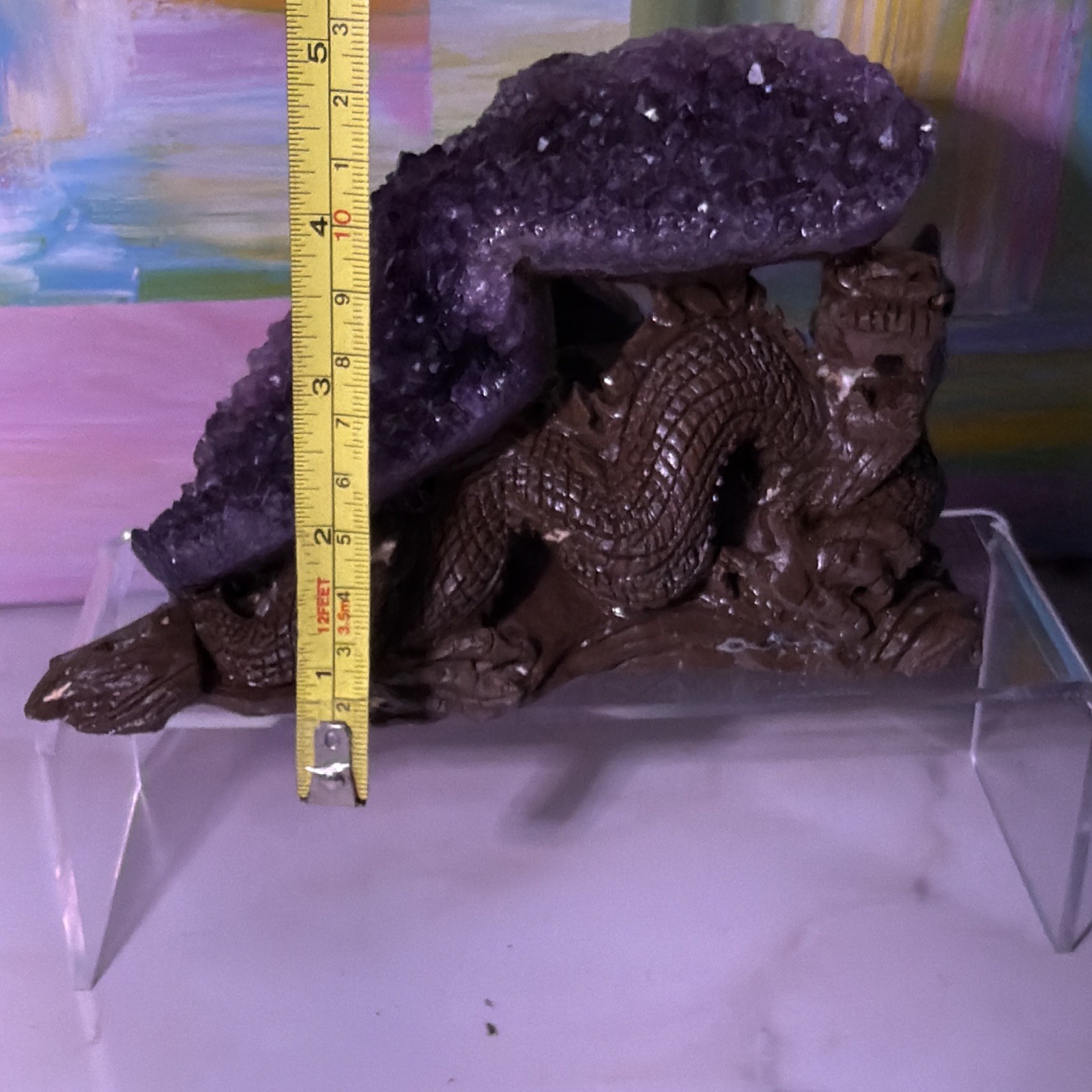 Purple Amethyst Cluster Crystal Mineral Display Specimen on Carved Dragon Stand
