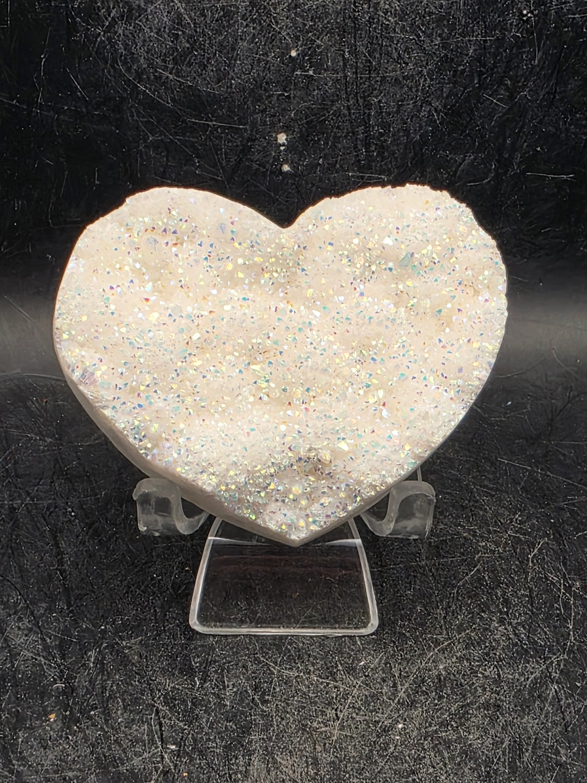 White pearl aura quartz heart! 4 ounces, 2.6 inches wide, 2.2″ tall