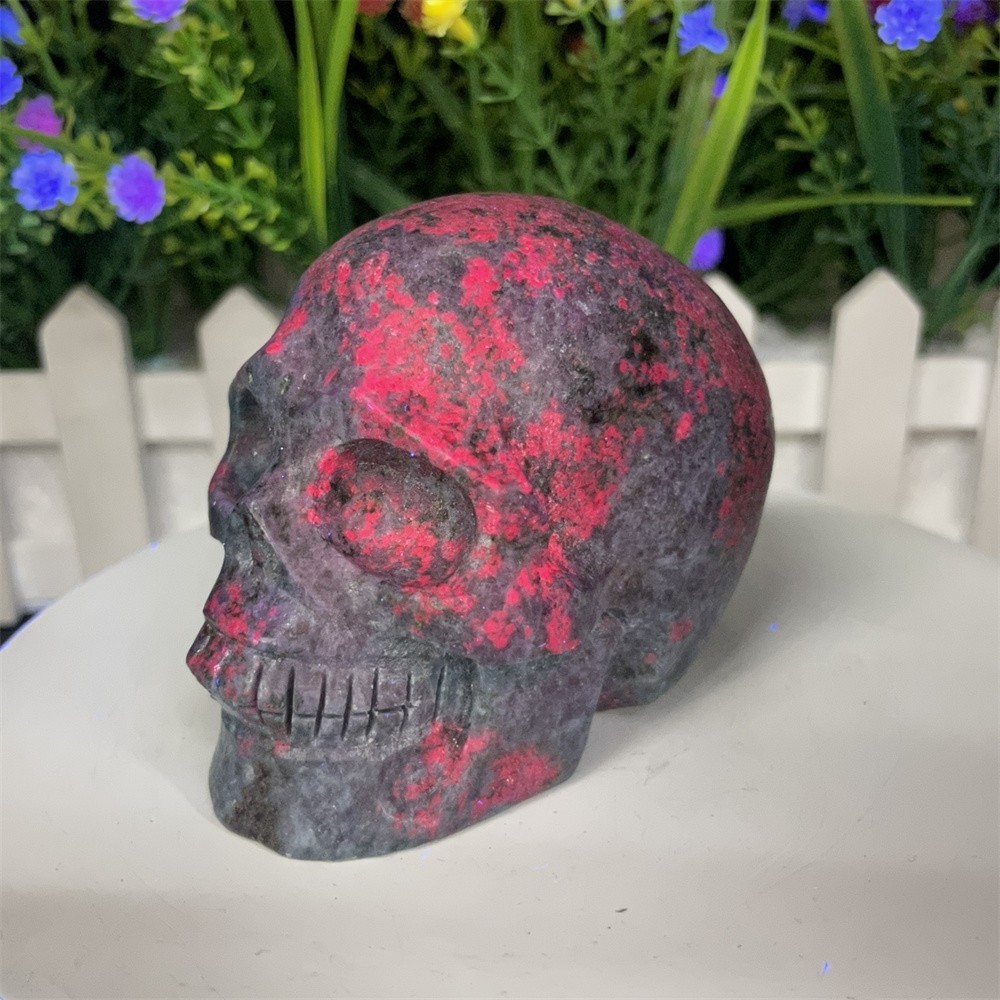 1.3LB 3.1″ Natural Ruby In Fuchsite Skull Carving Crystal UVHealing Carved Decor