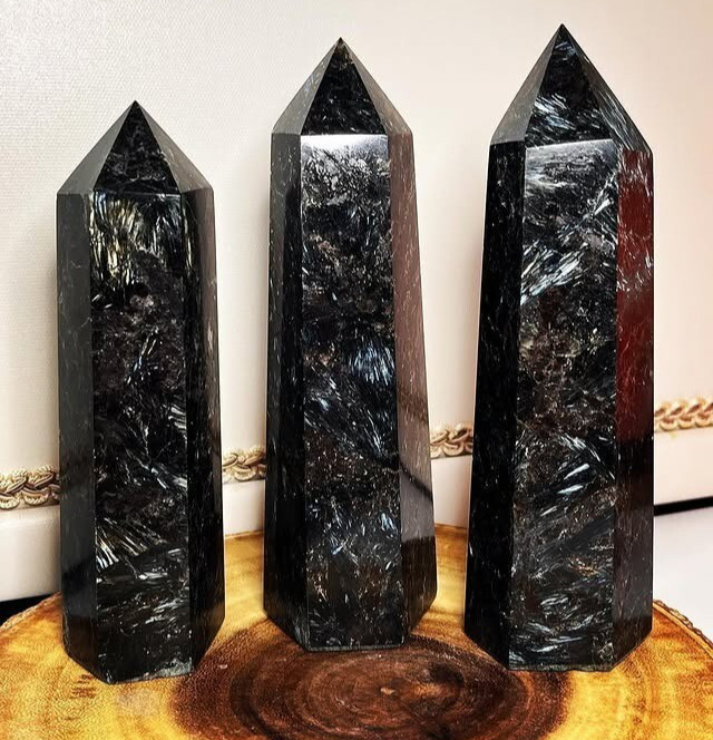 Natural Rare Arfvedsonite Tower Point Hexagon Polished Wand Obelisk Stone Decor
