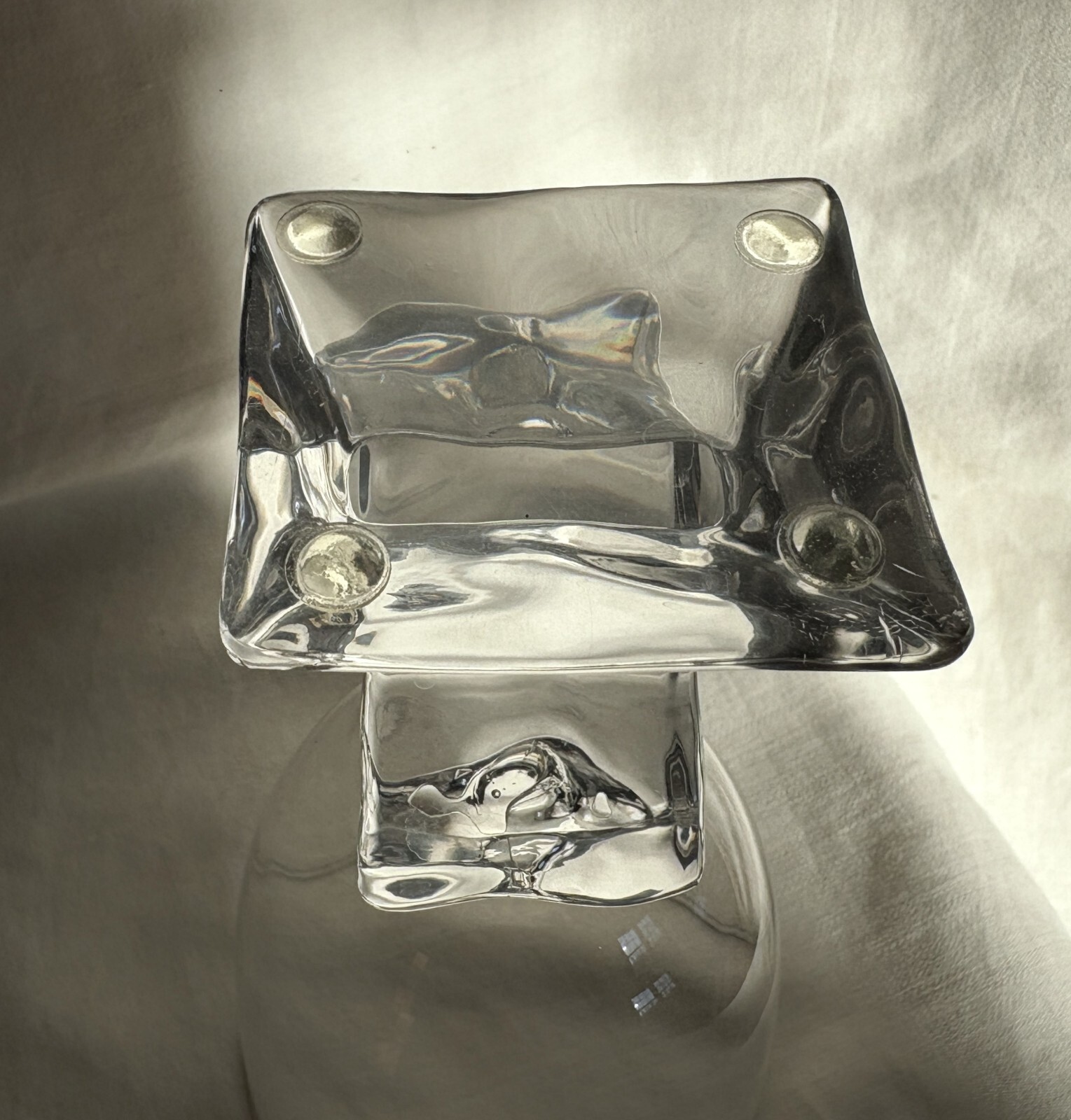 French crystal table glass with Lucite stem melting ice cube. 7″ h. Vintage 1970