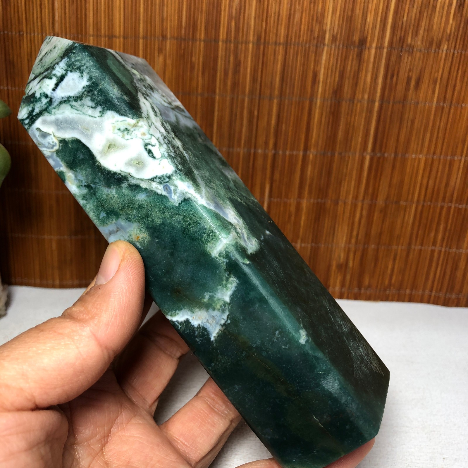 157mm Natural Polish Moss Agate Multiple veins Crystal Wand free standing A2286