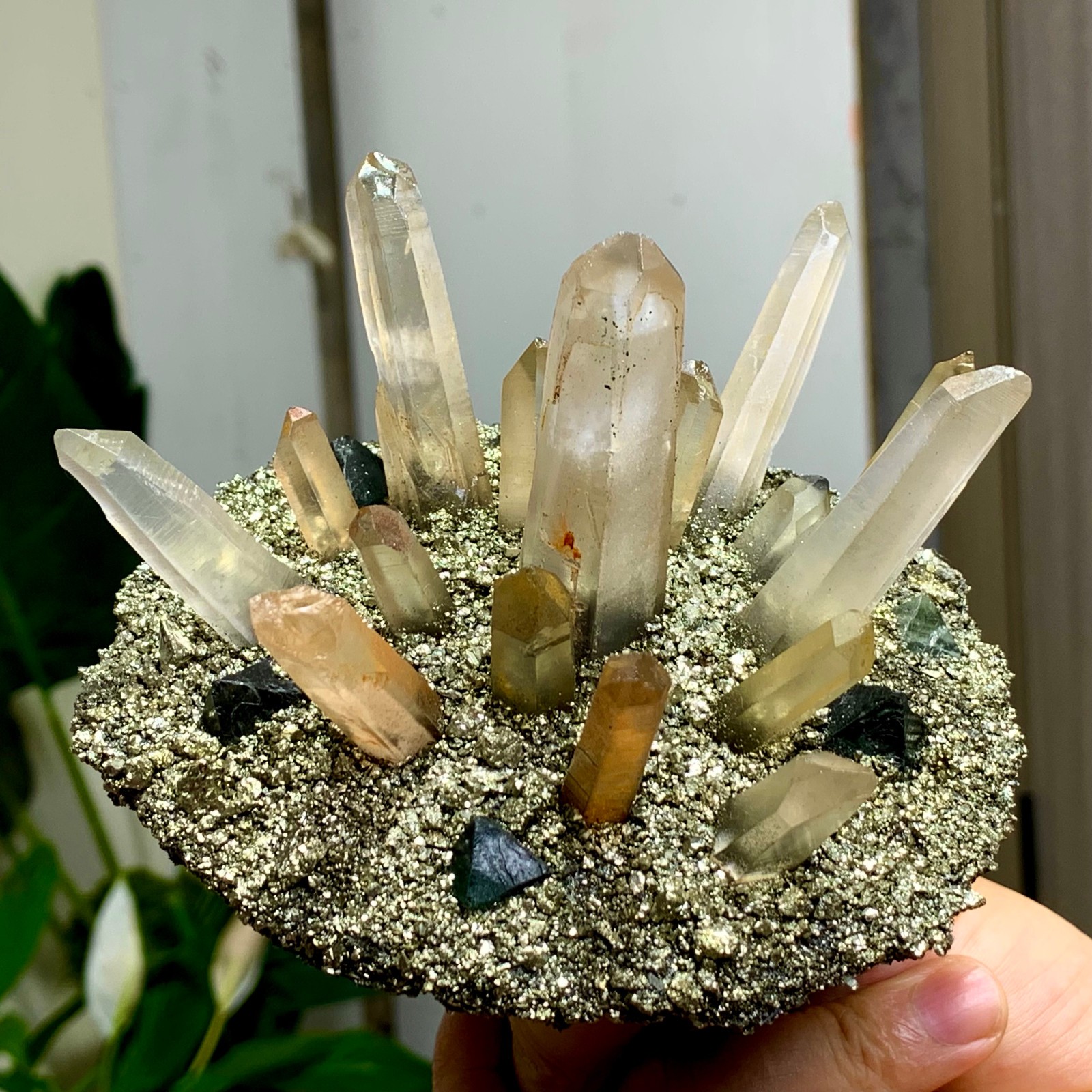 492G Coexistence of natural quartz and pyrite green fluorite crystal clusters