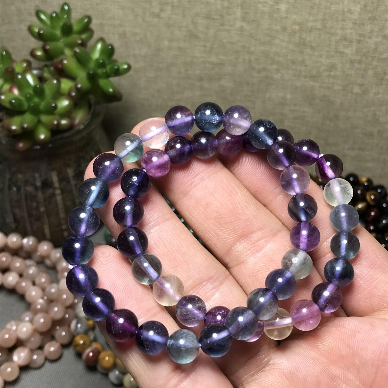 5Pcs Wholesal Natural Polish Rainbow color Fluorite crystal bracelets ball 8mm
