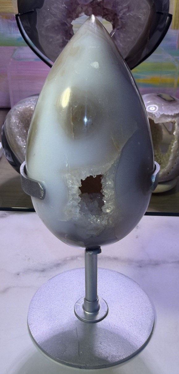 Polished Agate Geode Egg/Teardrop w/ Druzy Pocket Display Specimen on Stand