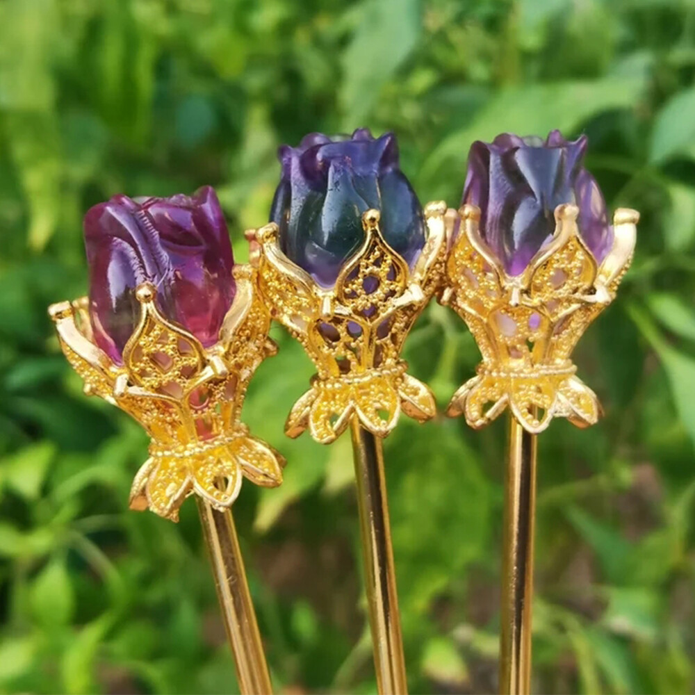 1PC Natural Fluorite Rose Hairpin Carved Quartz Crystal Hair Ornament Heal Reiki