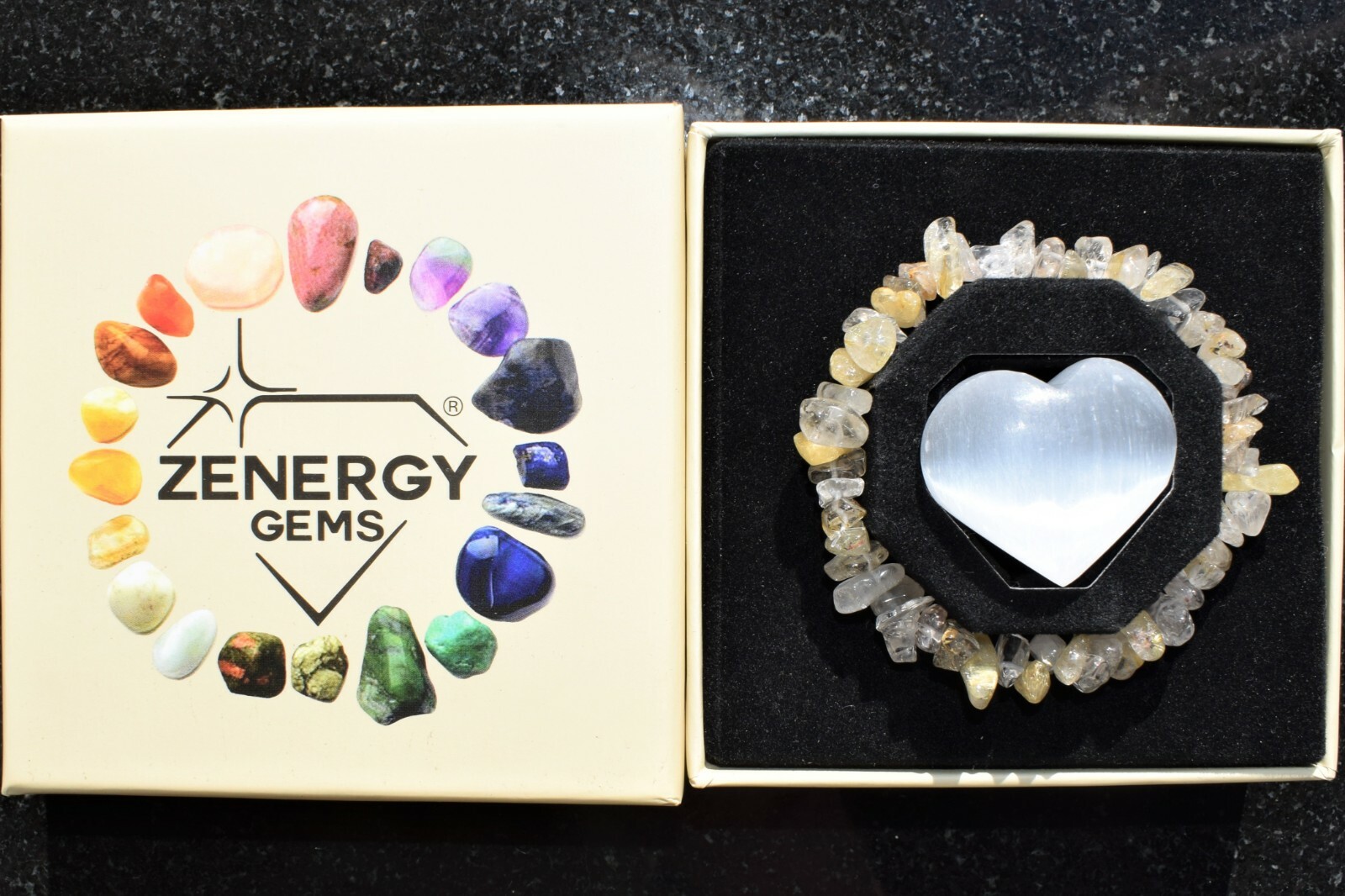 CHARGED Golden Rutile Quartz Crystal Chip Stretchy Bracelet + Selenite Heart