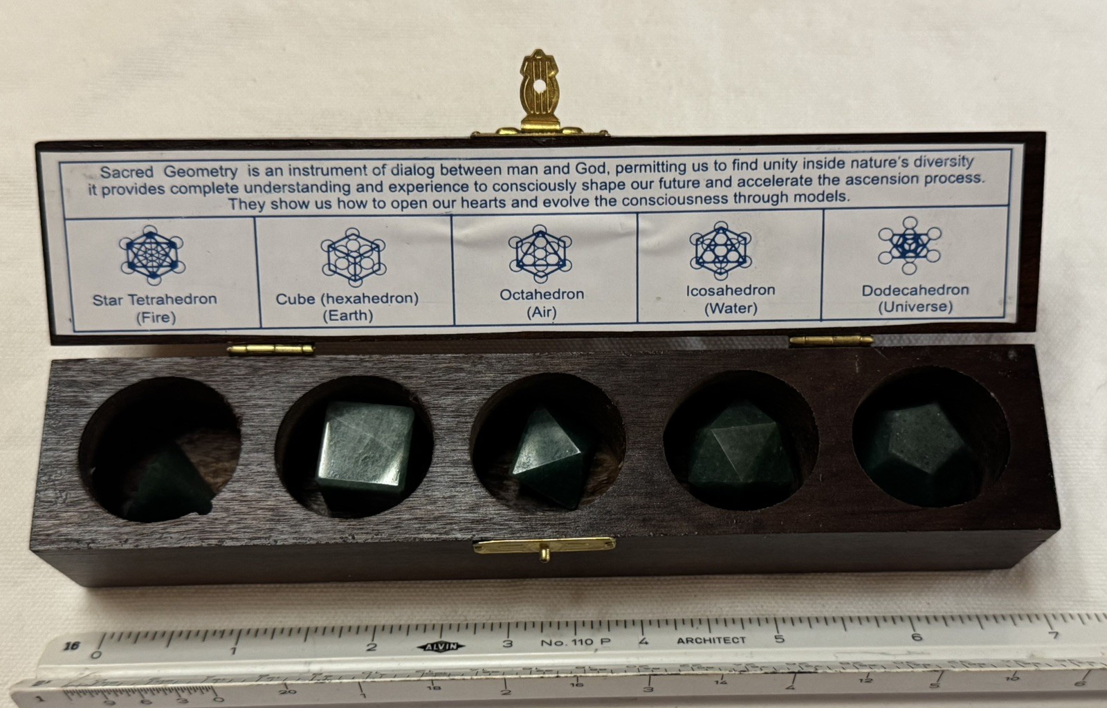 Vintage Green Indian Agate 5pc Sacred Geometry Set Platonic Solids w/Wooden Box