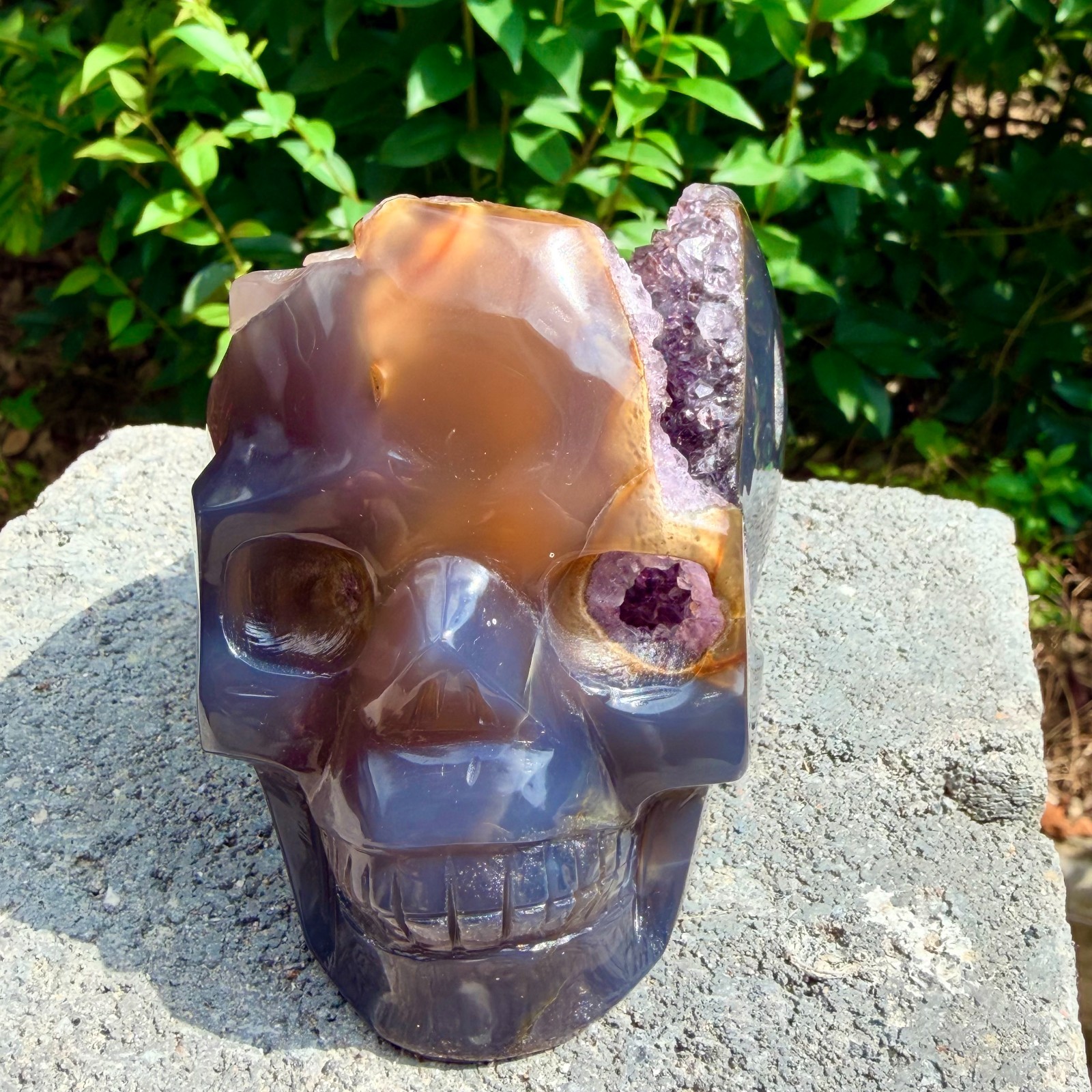 632g Amethyst agate crystal cave skull, Rare hand carved skull specimen