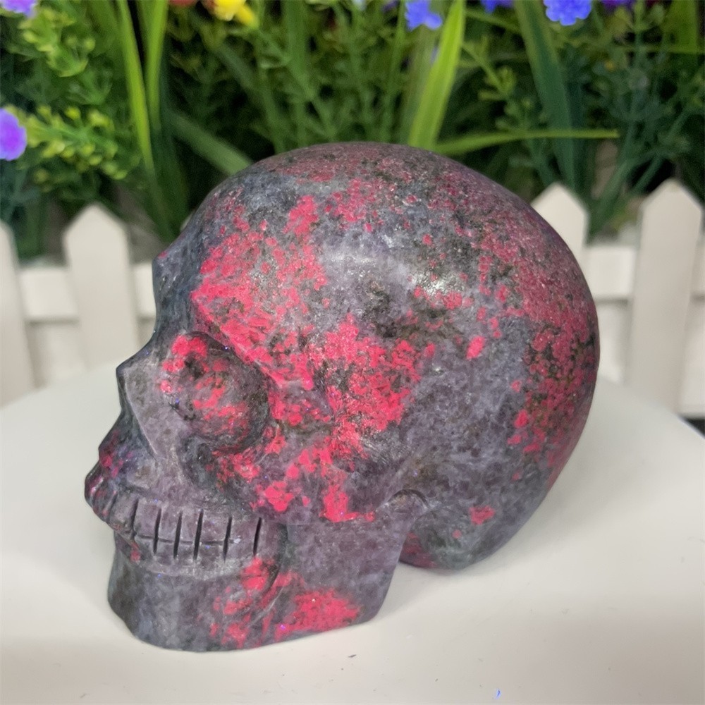 1.3LB 3.1″ Natural Ruby In Fuchsite Skull Carving Crystal UVHealing Carved Decor