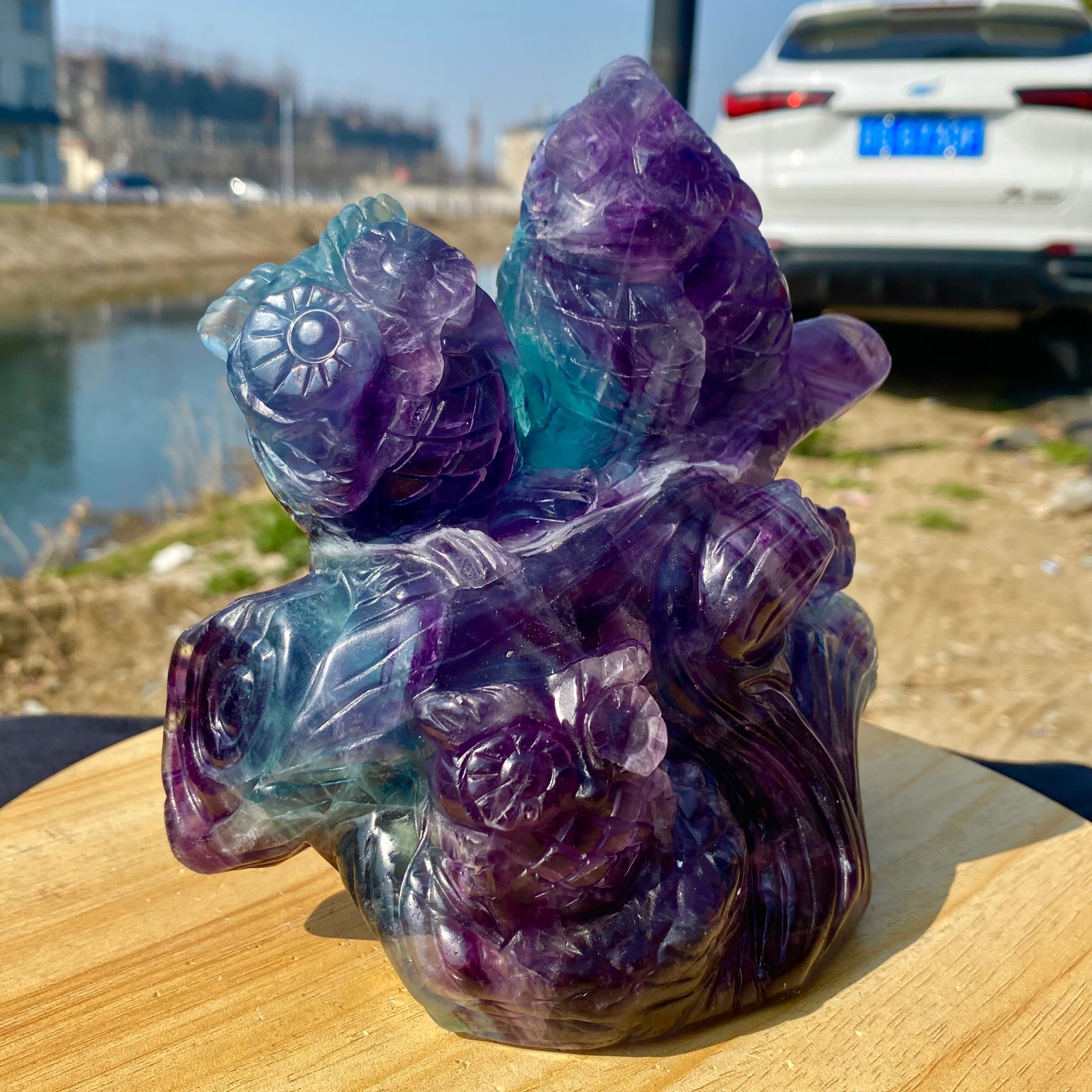 5.62LB Natural Fluorite Quartz Owl Sculpture Hand Carved Crystal Reiki Energy