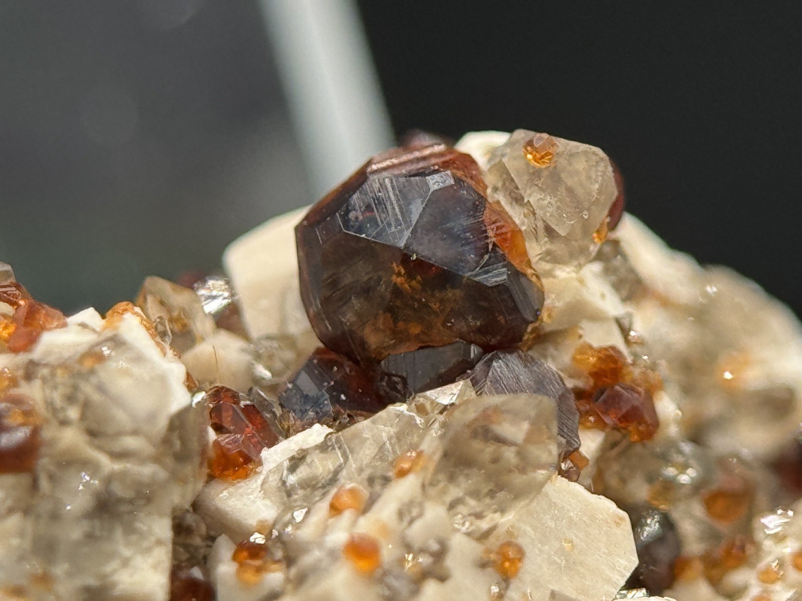 Exceptional spessartine garnets on smoky quartz & microcline from Fujian, China