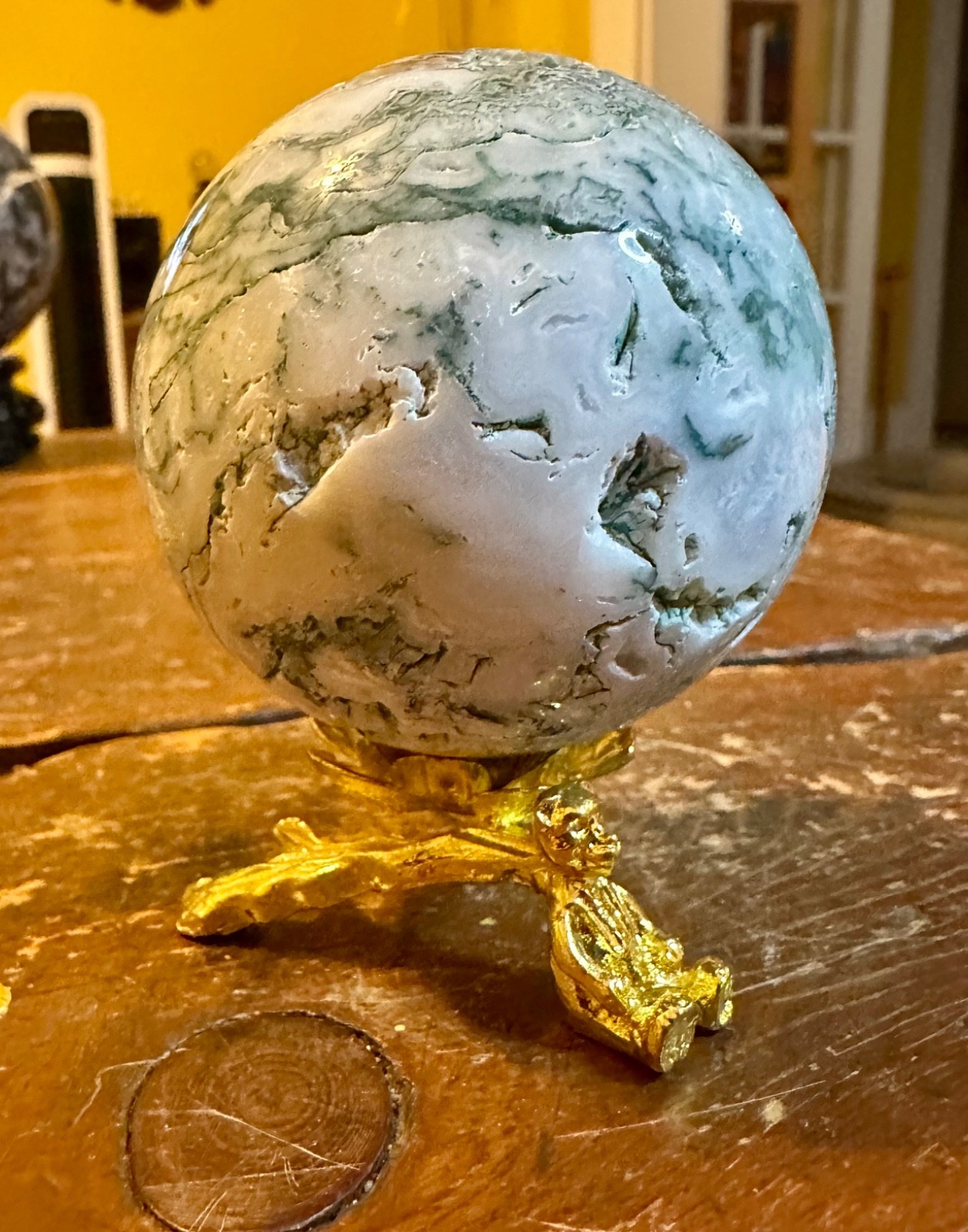 Light green moss agate crystal sphere with gold metal stand Free shipping