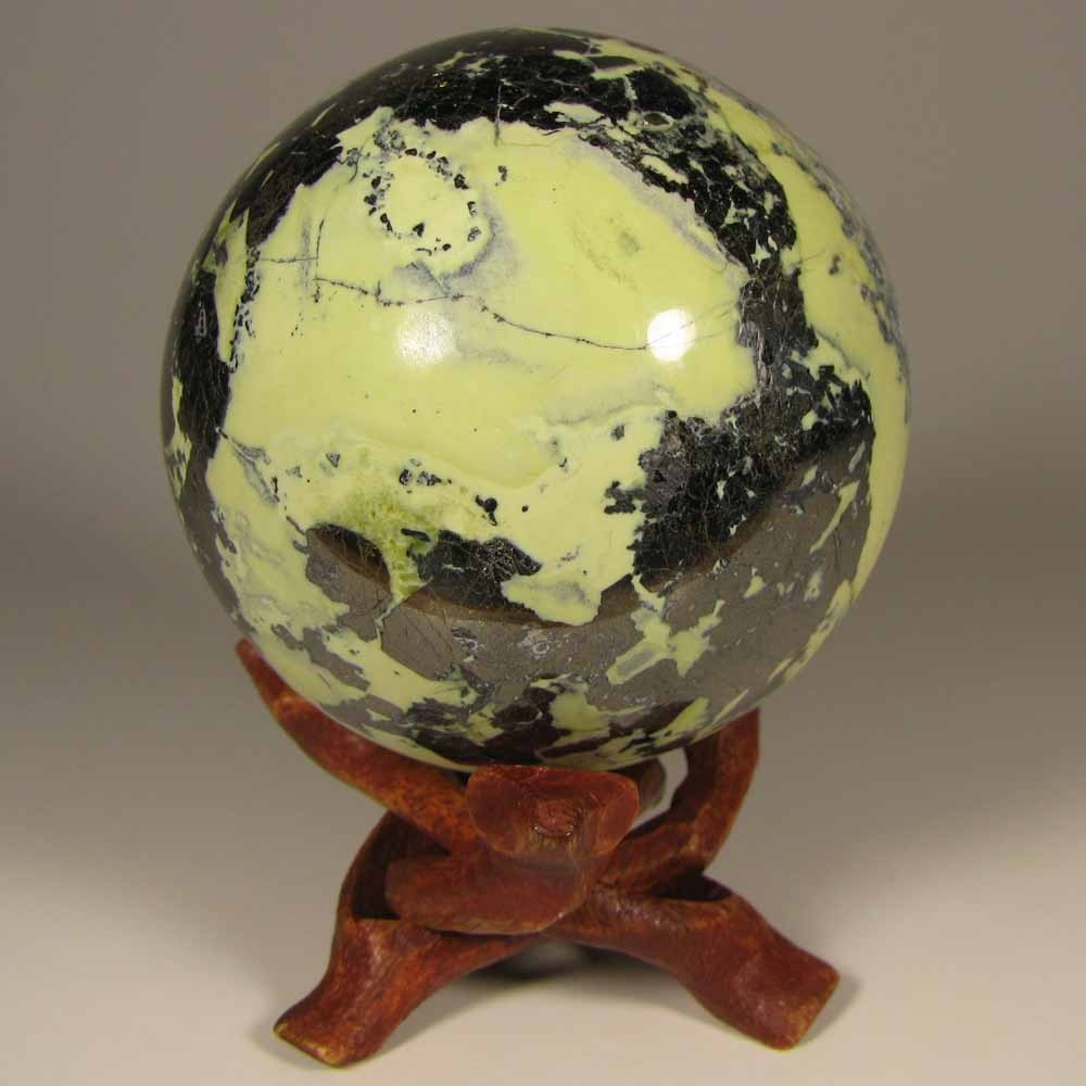 2.2″ SERPENTINE w/ PYRITE Polished Crystal Sphere Ball w/ Stand – Peru – 57mm