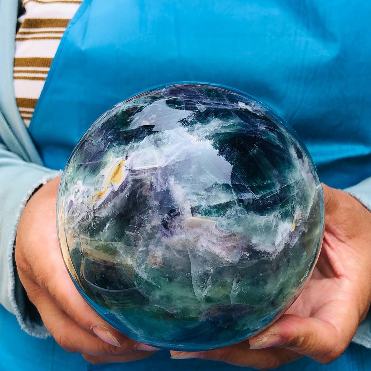5.25LB Natural rainbow fluorite sphere quartz crystal polished ball healing